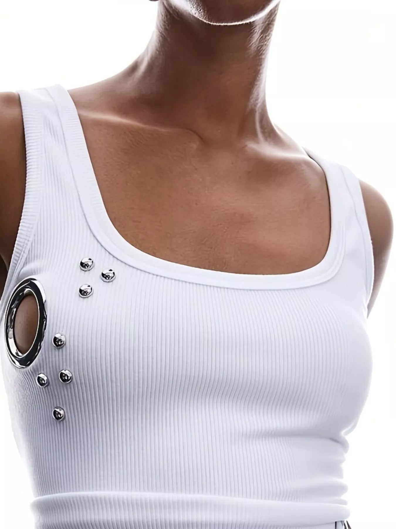 Trendsi Ribbed Tank Top with Metal Grommet Cutouts and Stud Embellishments -