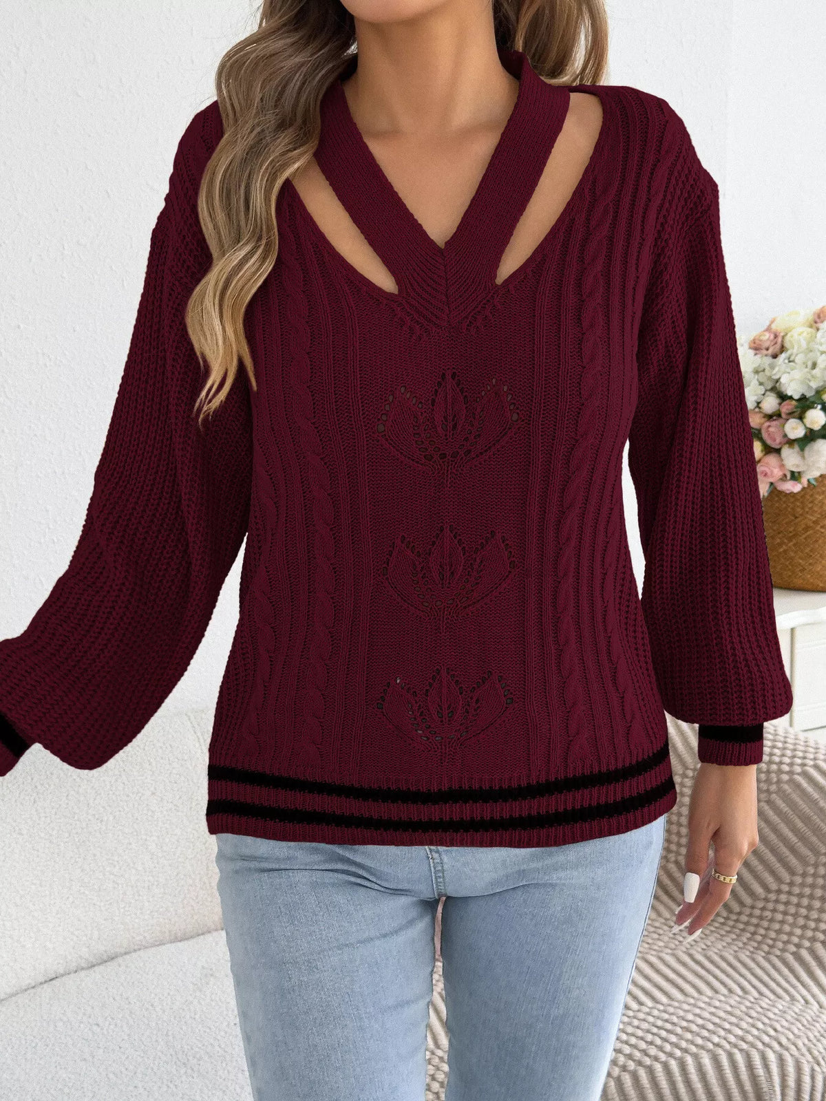 Cutout Cable Knit Sweater in burgundy, front view