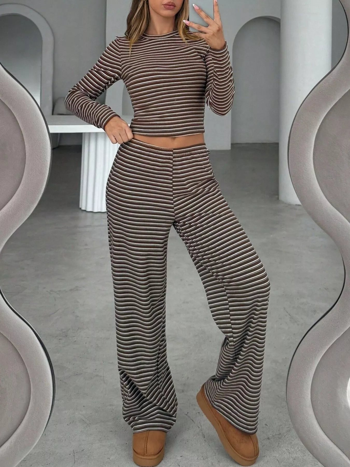Trendsi Striped Long Sleeve Crop Top and Wide Leg Pants Two-Piece Set -
