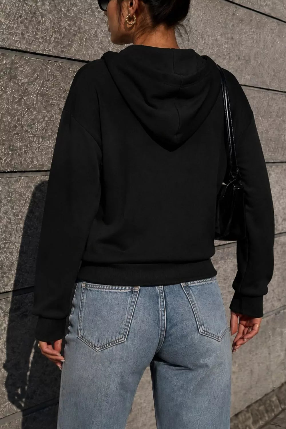 Women's Half Snap Kangaroo Pocket Hoodie in Black, full-length view