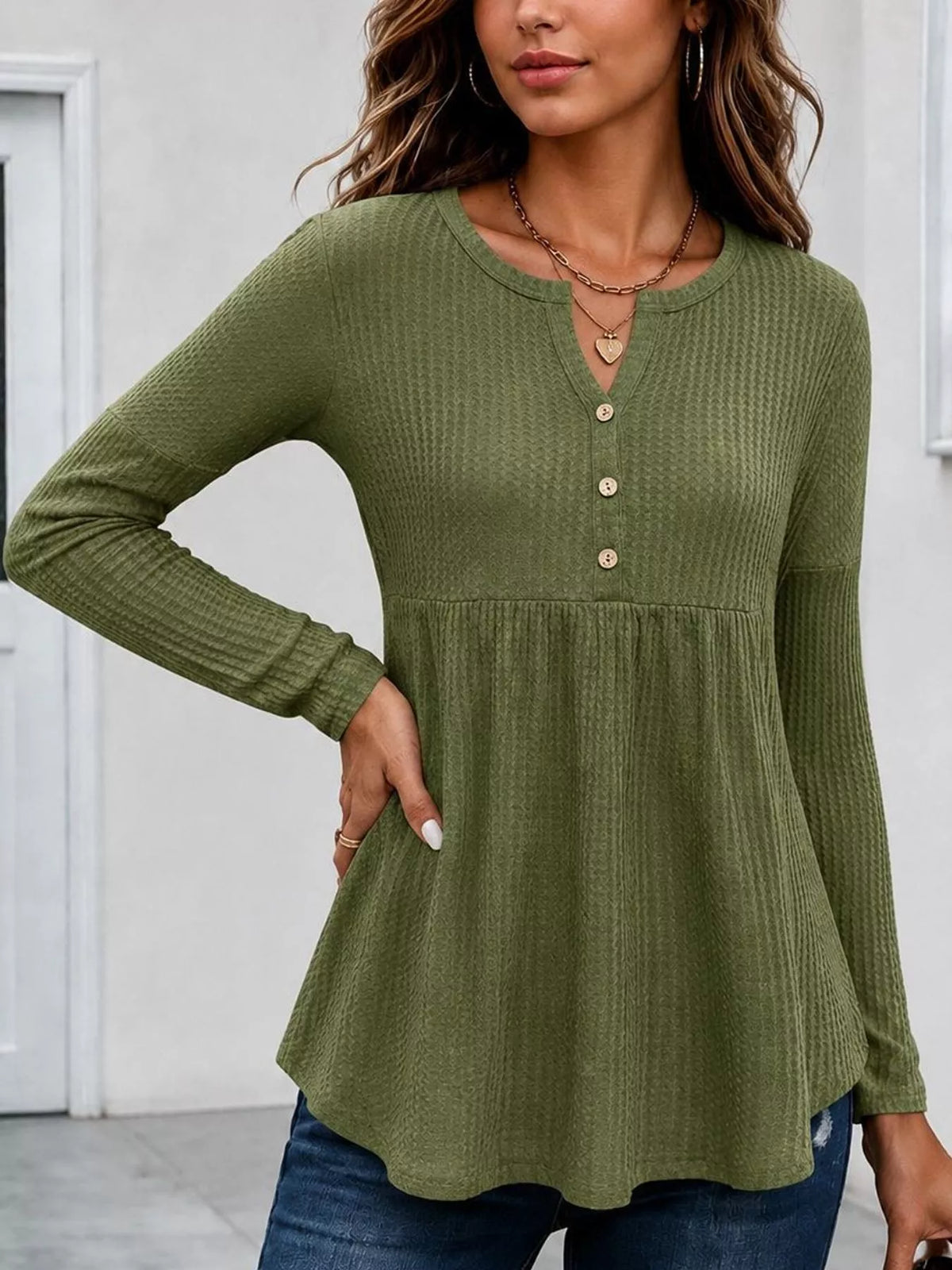 Women's Textured Long Sleeve Peplum Top in Moss, alternate view