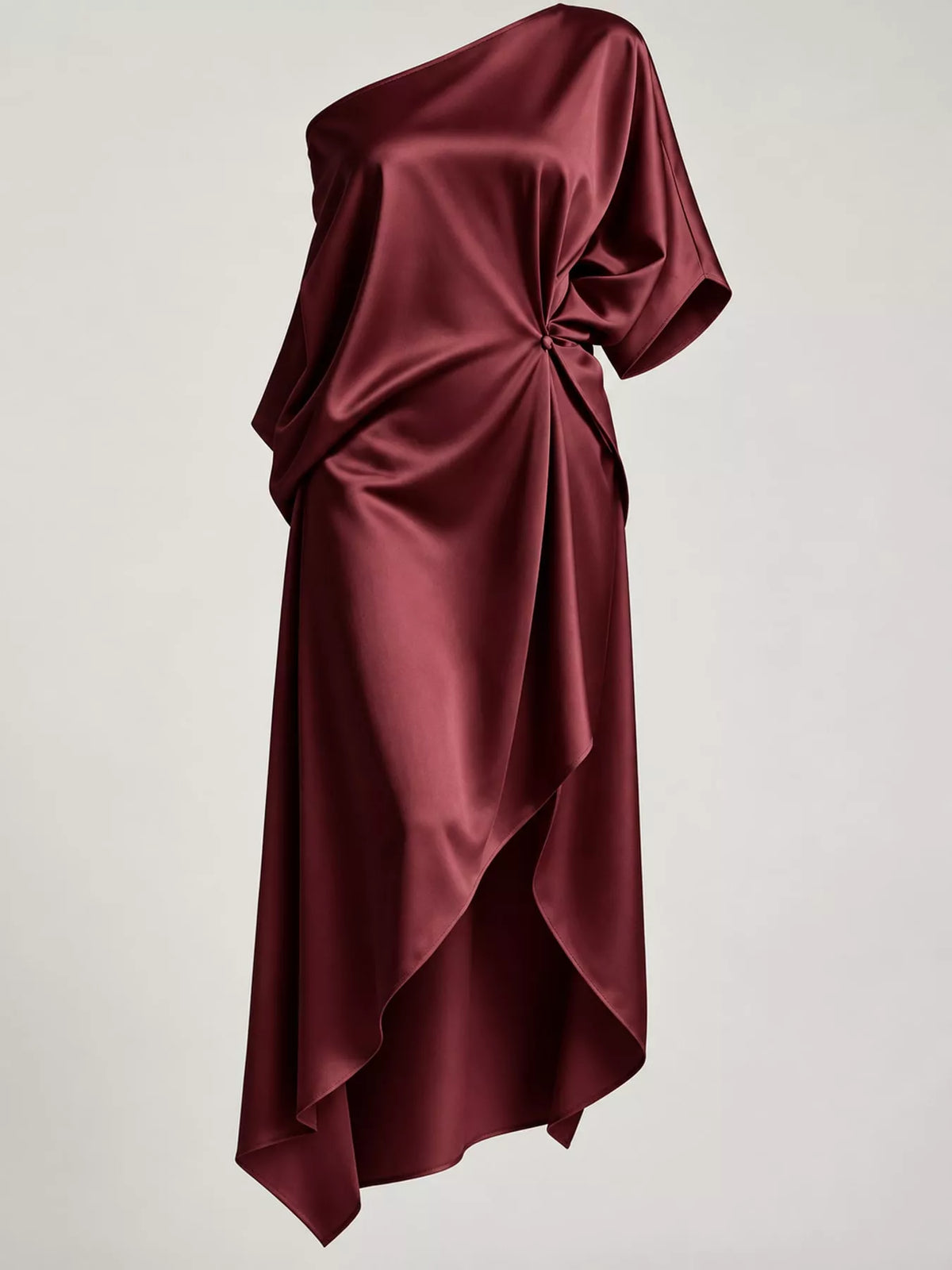 One-shoulder dress, burgundy ruched hem detail