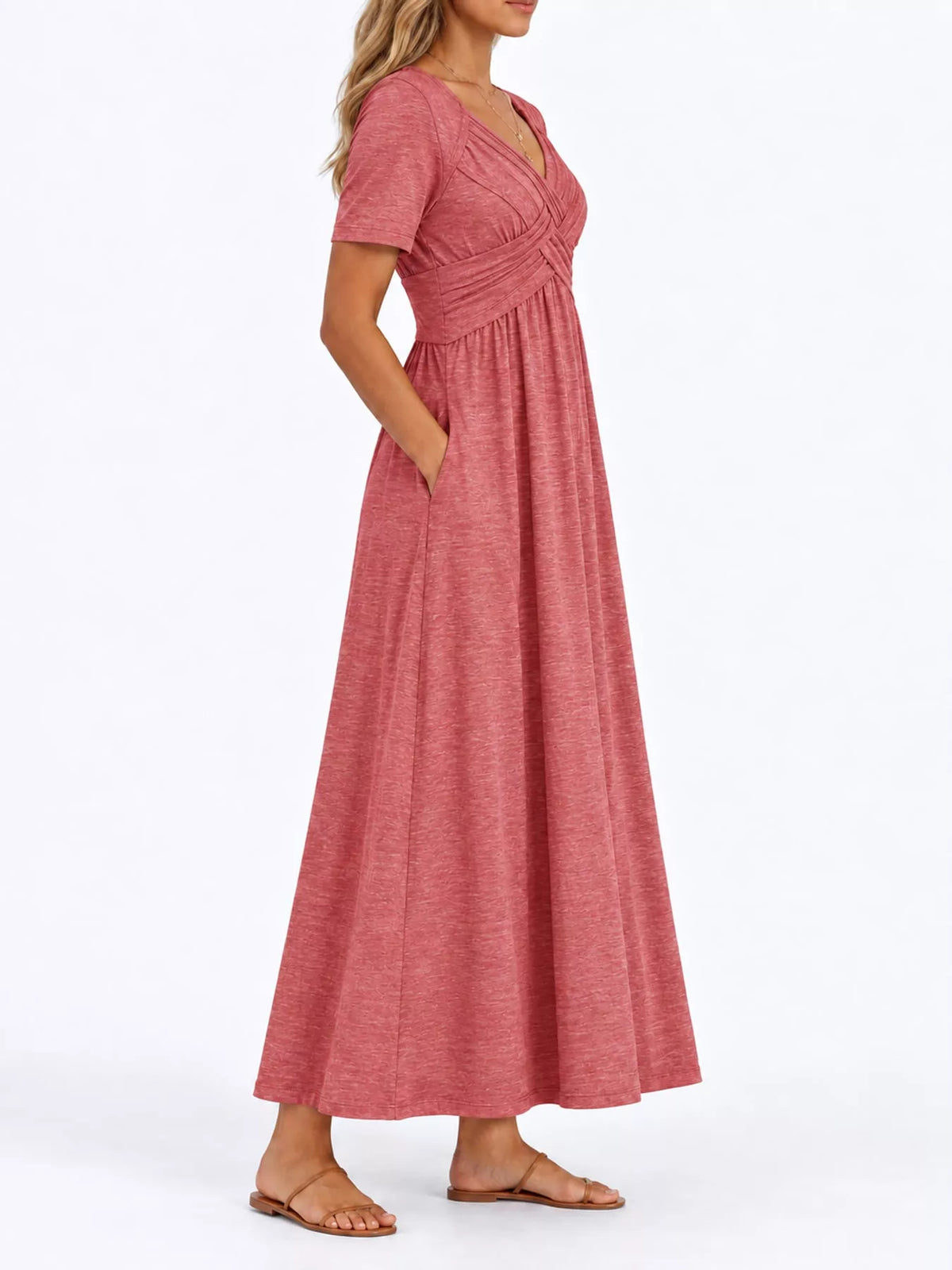 Pink crisscross short sleeve midi dress, side view