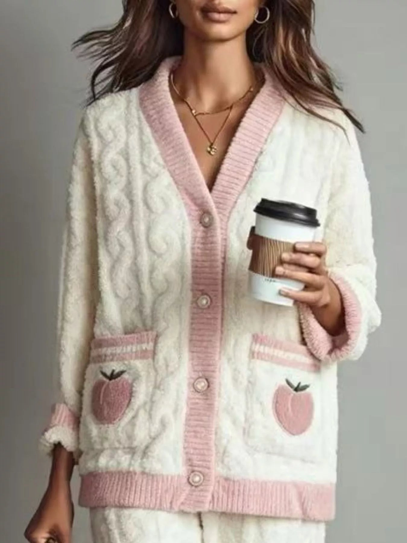 Trendsi Peach Fleece Contrast Trim Top and Pants Lounge Set -