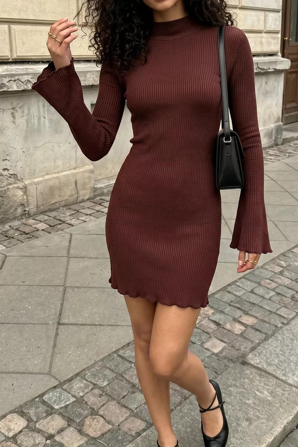 Mock neck ribbed knit bodycon mini dress