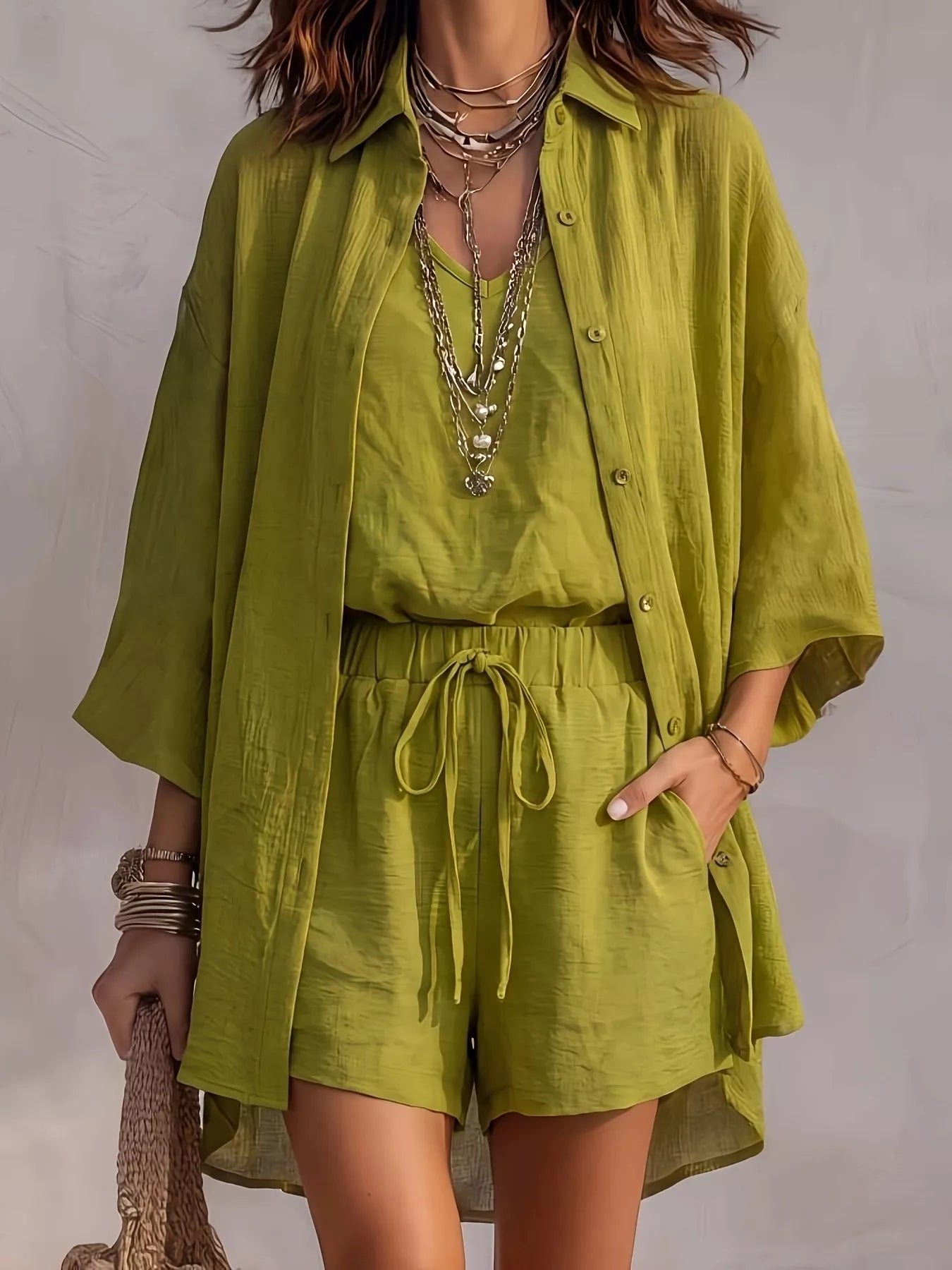 Trendsi V-Neck Tank & Button-Down Shirt and Shorts Set -