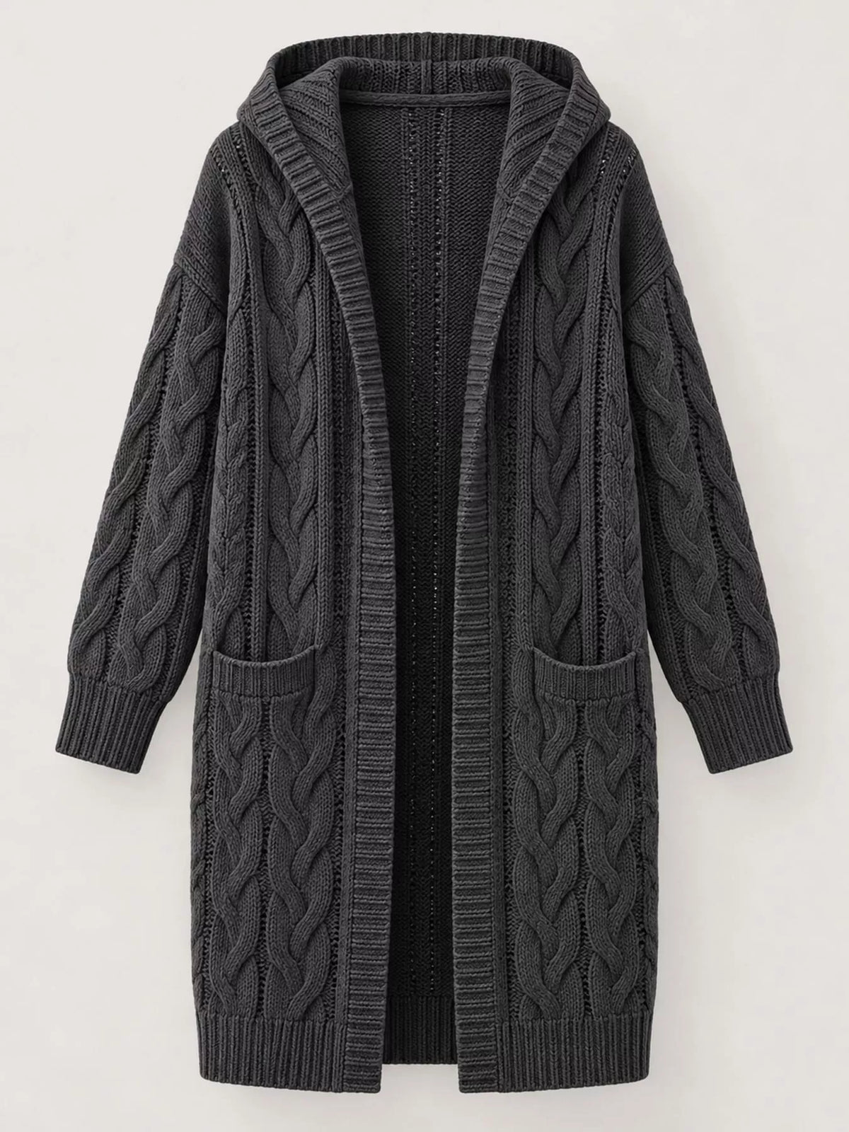 Hooded Cable Knit Longline Cardigan in gray