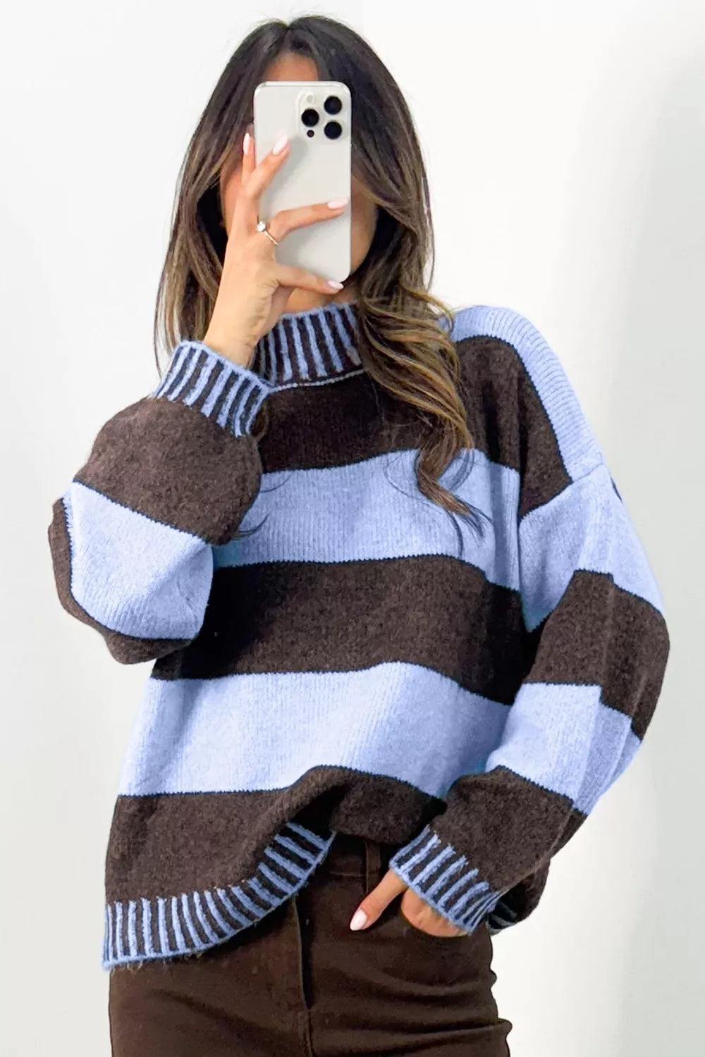Light Blue Striped Mock Neck Dropped-Shoulder Sweater front view