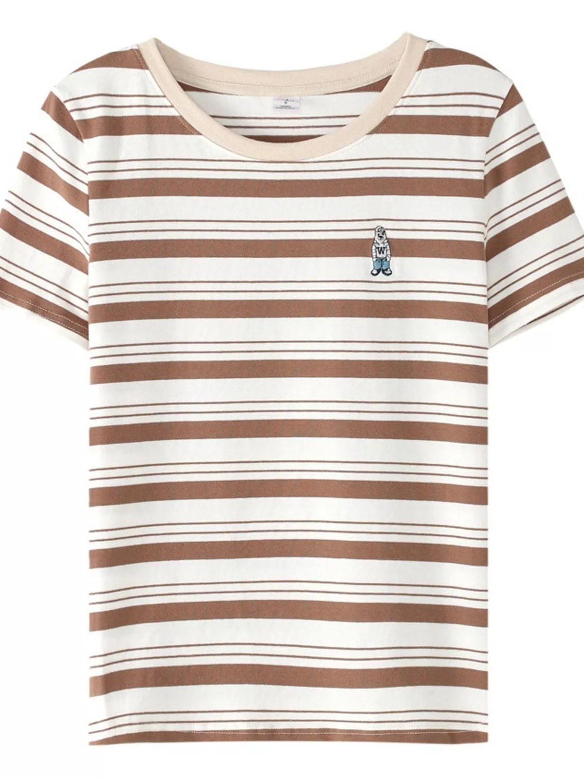 Coffee - Striped striped crew neck embroidered t-shirt