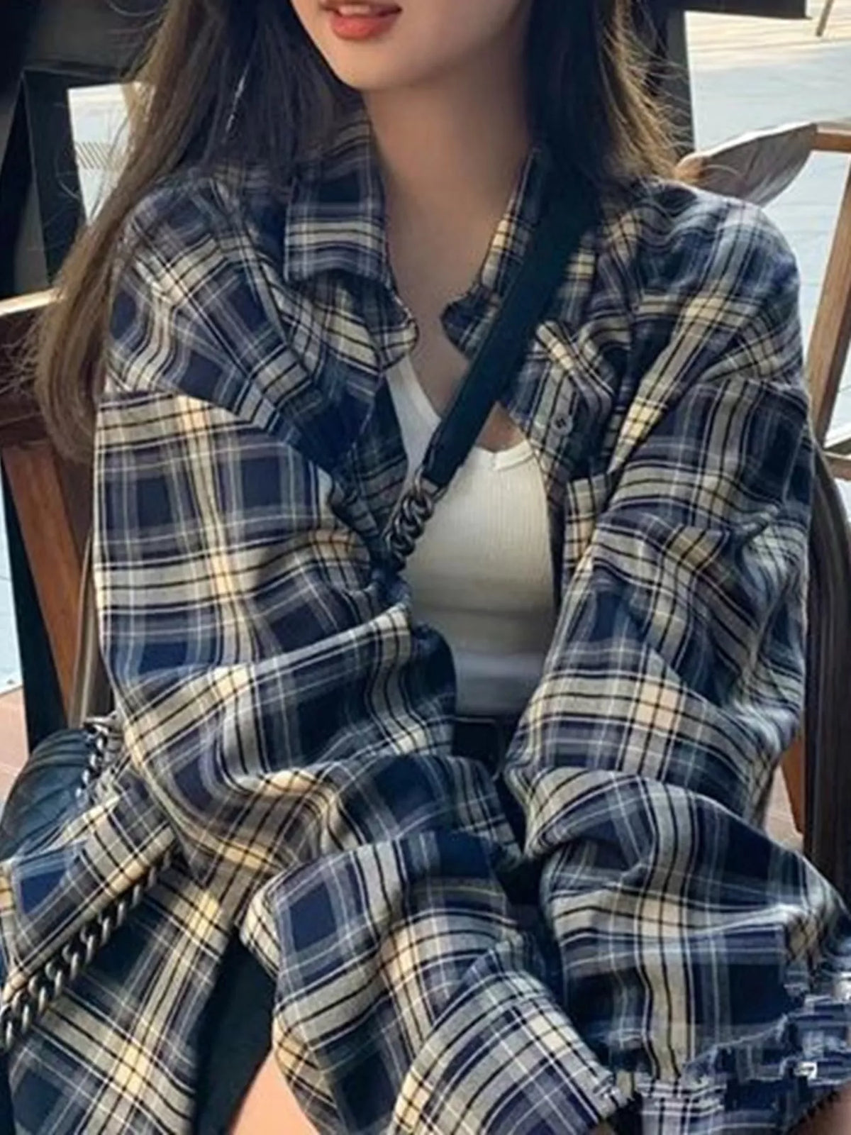 Navy and cream loose-fit plaid shirt