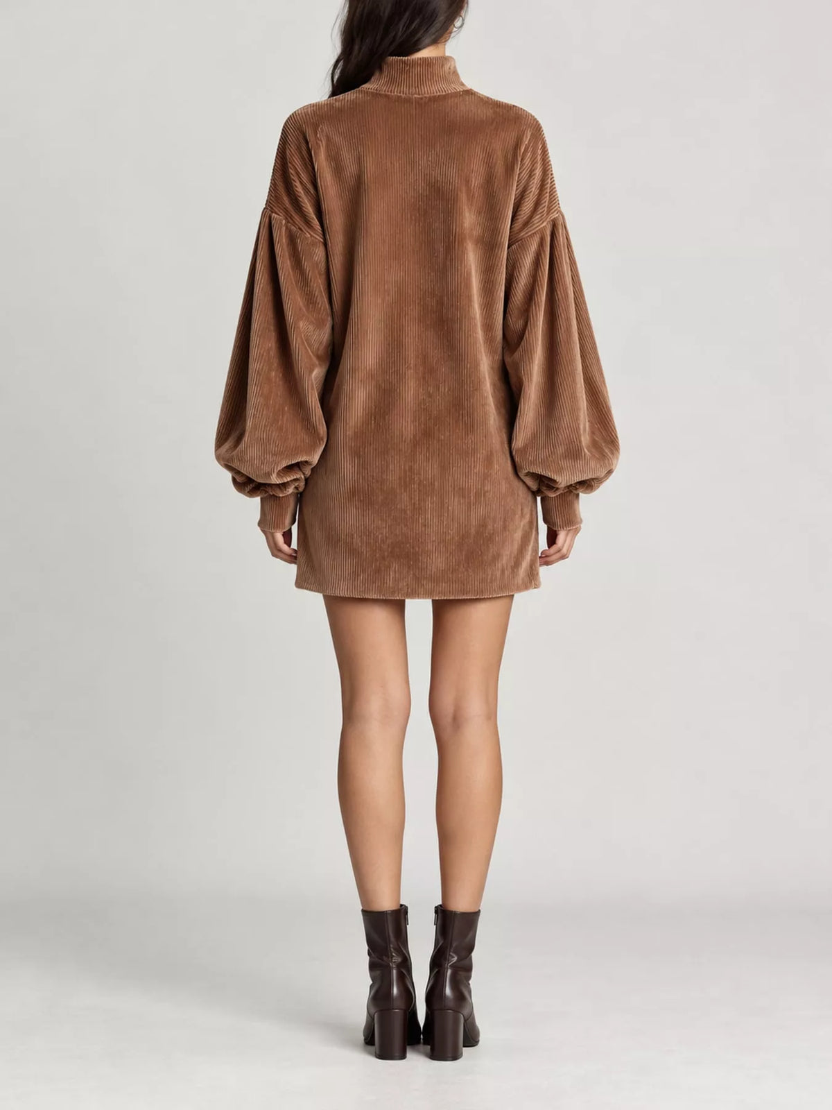 Brown corduroy mock neck lantern sleeve mini dress, back view