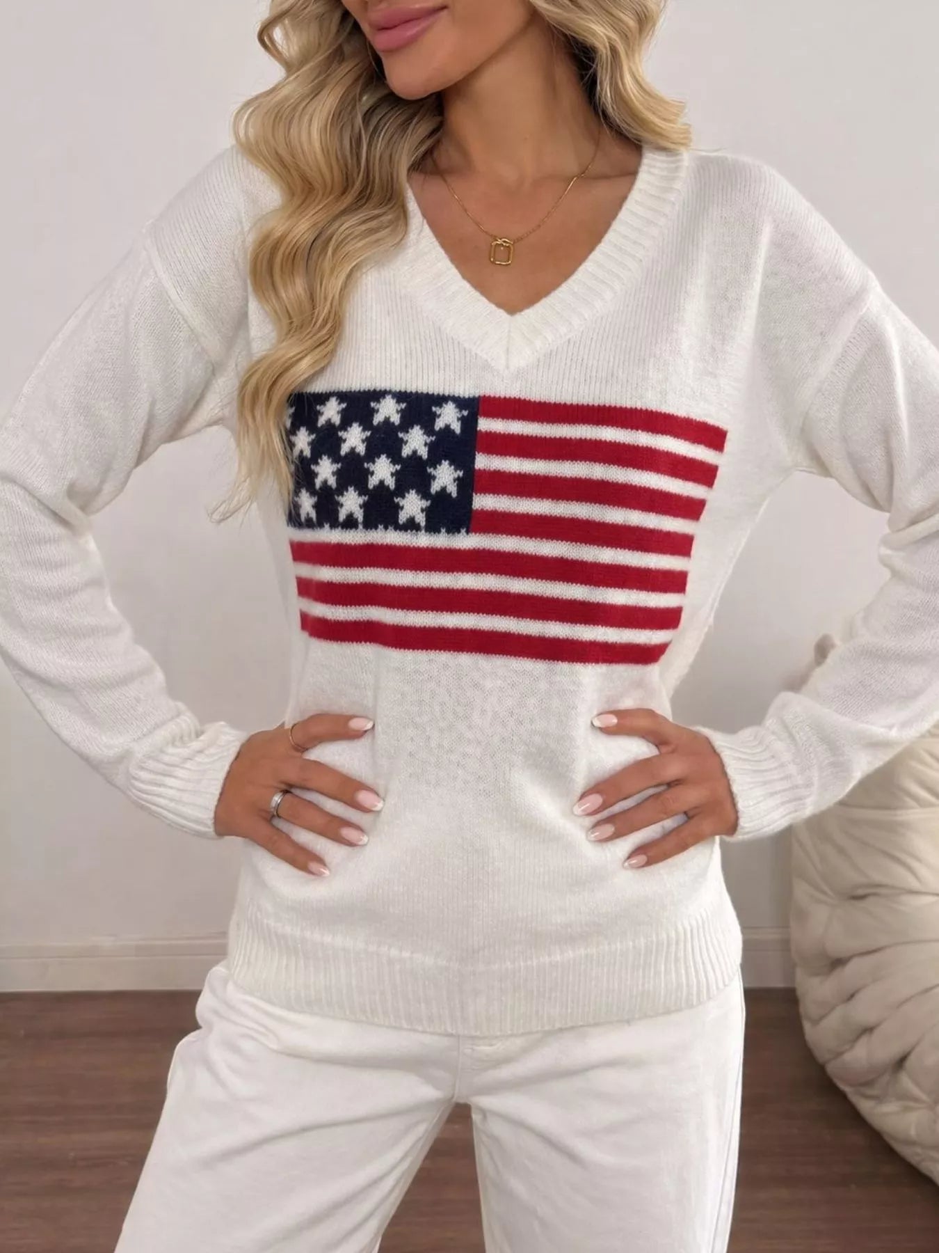 Trendsi American Flag V-Neck Knit Top -