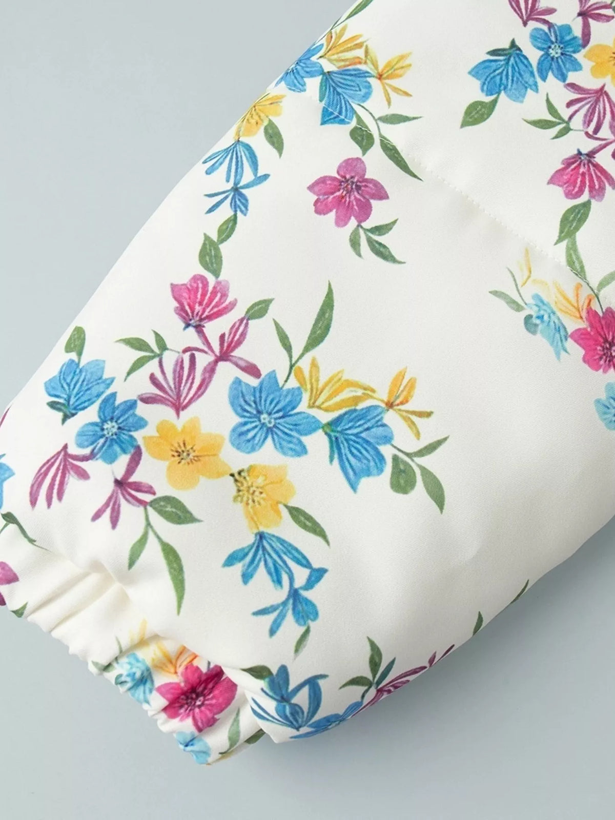 Floral Print Stand Collar Puffer Jacket, cuff detail