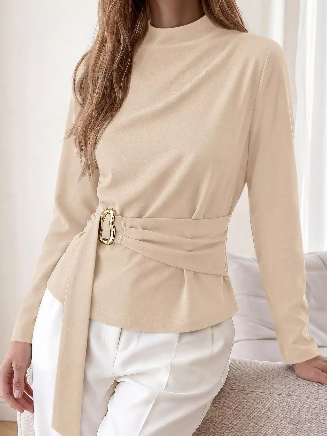 Trendsi Mock Neck Blouse with Waist-Defining Metal Buckle Detail -