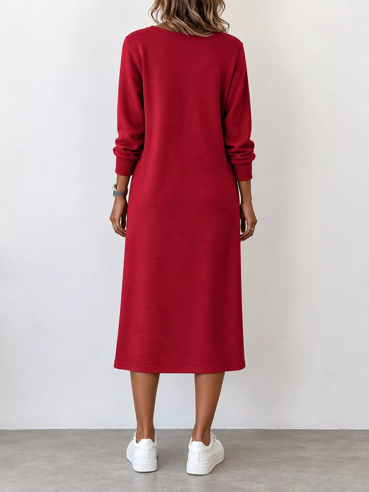 Women's V-Neck Long Sleeve Midi Dress in red — back view