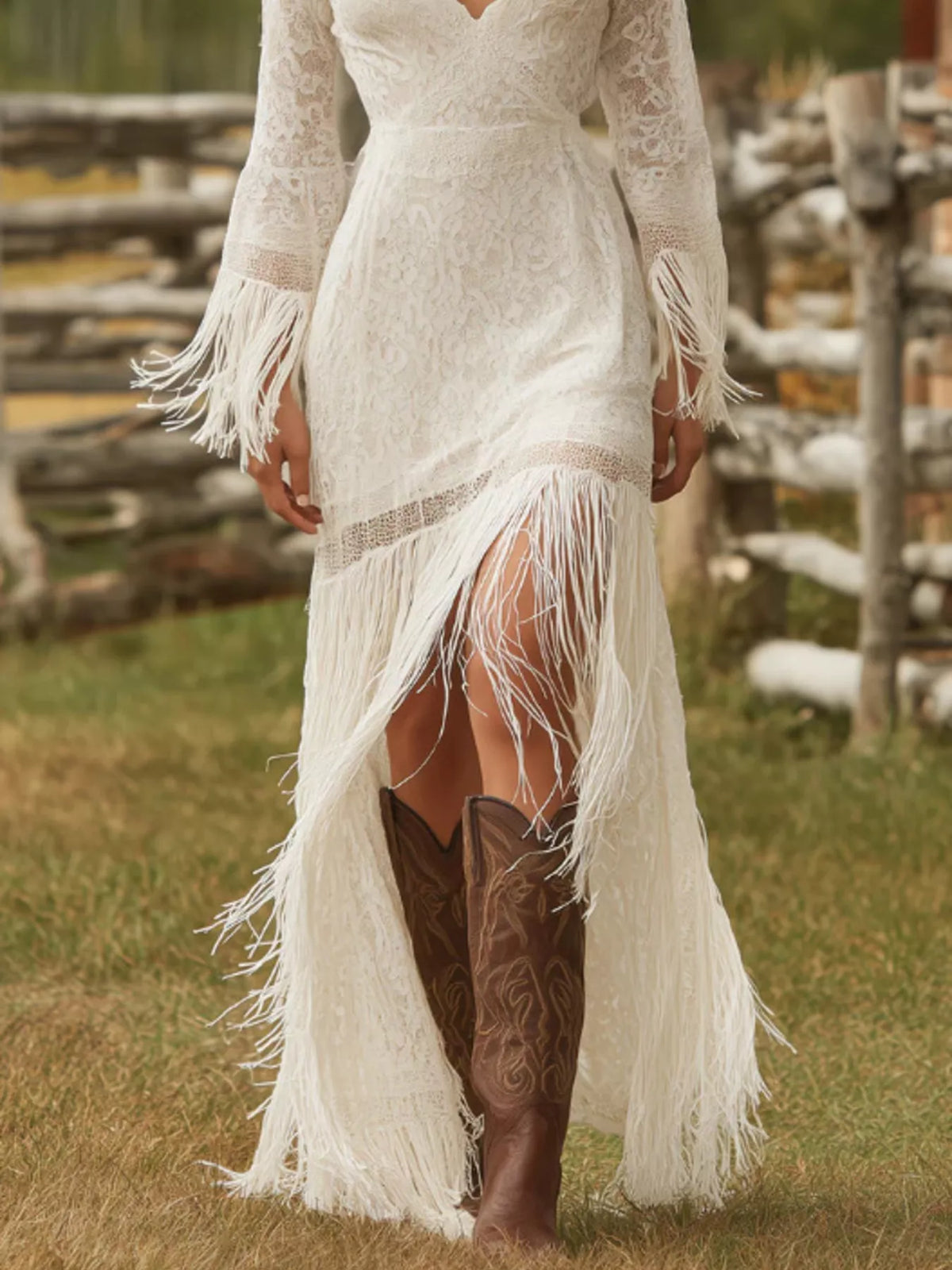 Trendsi Lace Fringe V-Neck Maxi Dress -