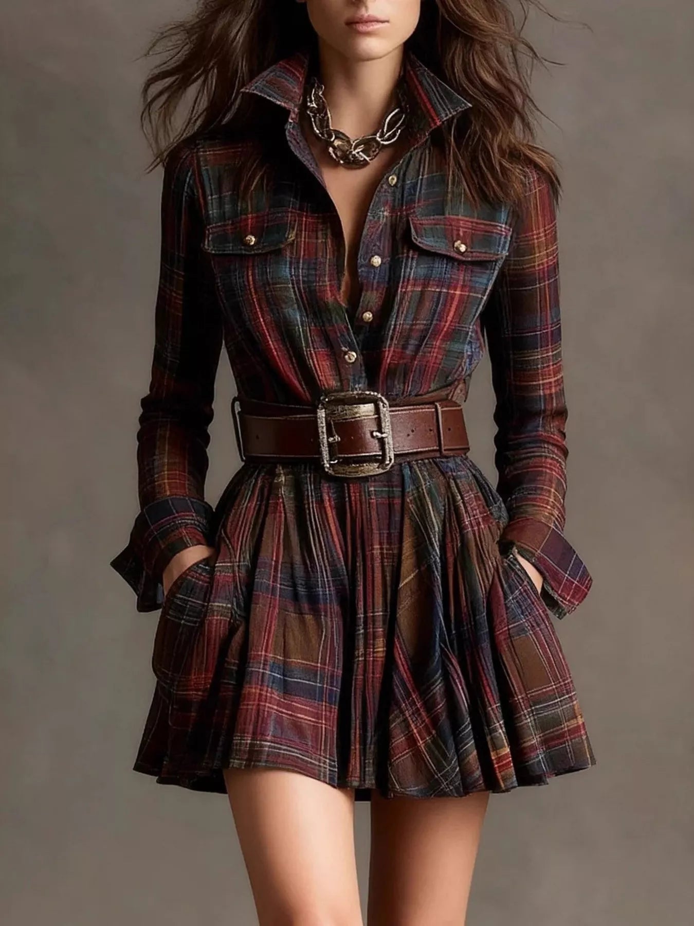Trendsi Plaid Long Sleeve Shirt Dress -
