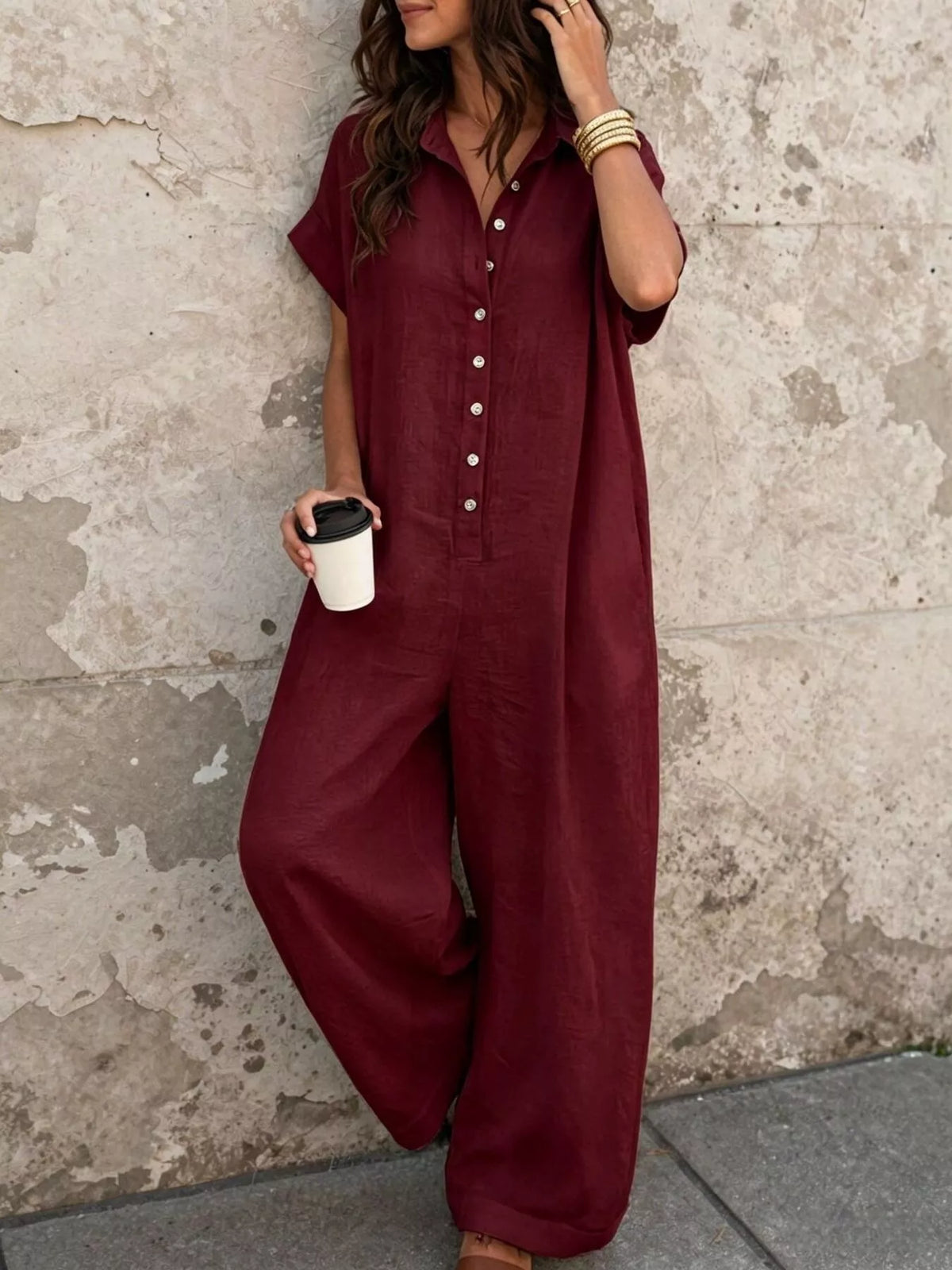 Burgundy button-front jumpsuit, front view