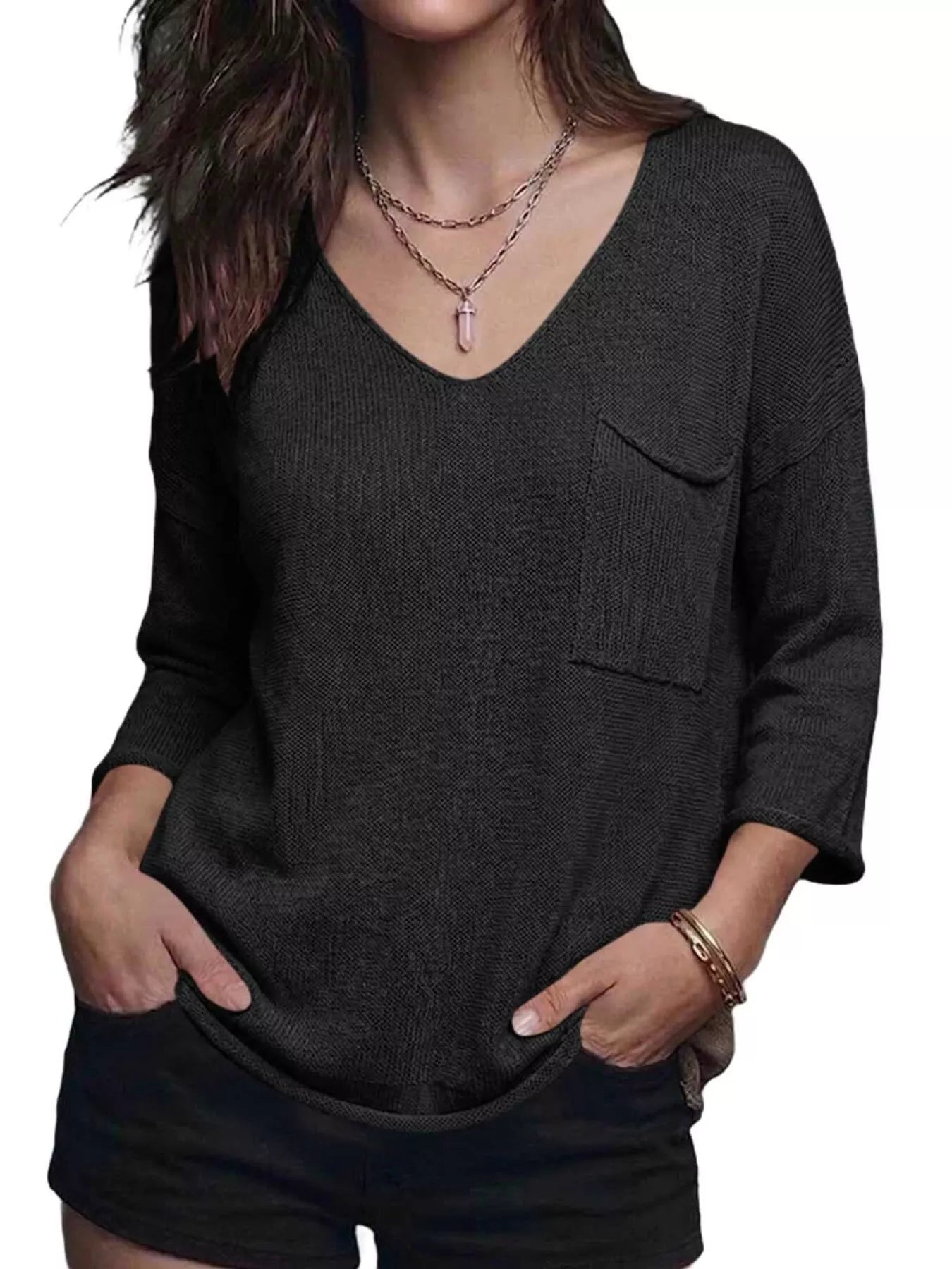 Trendsi V-Neck Chest Pocket Knit Top -