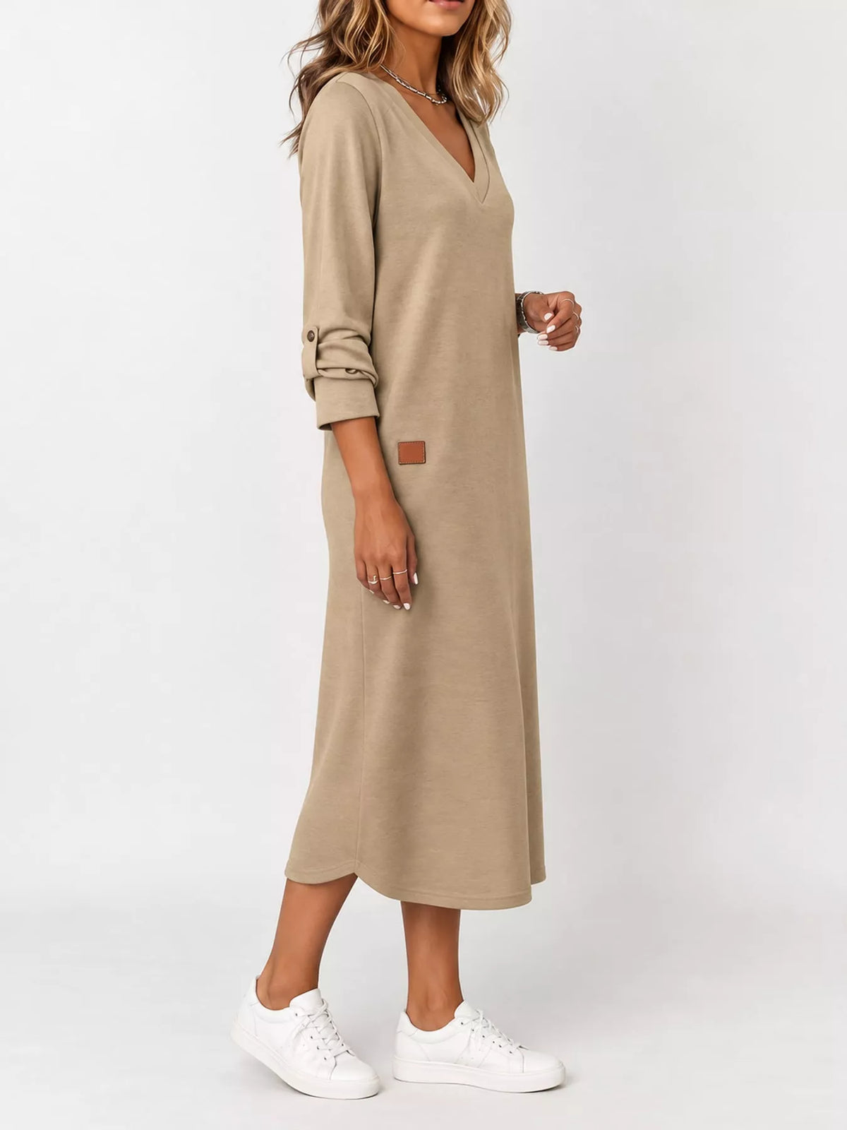 Women's V-Neck Long Sleeve Midi Dress in beige — side view