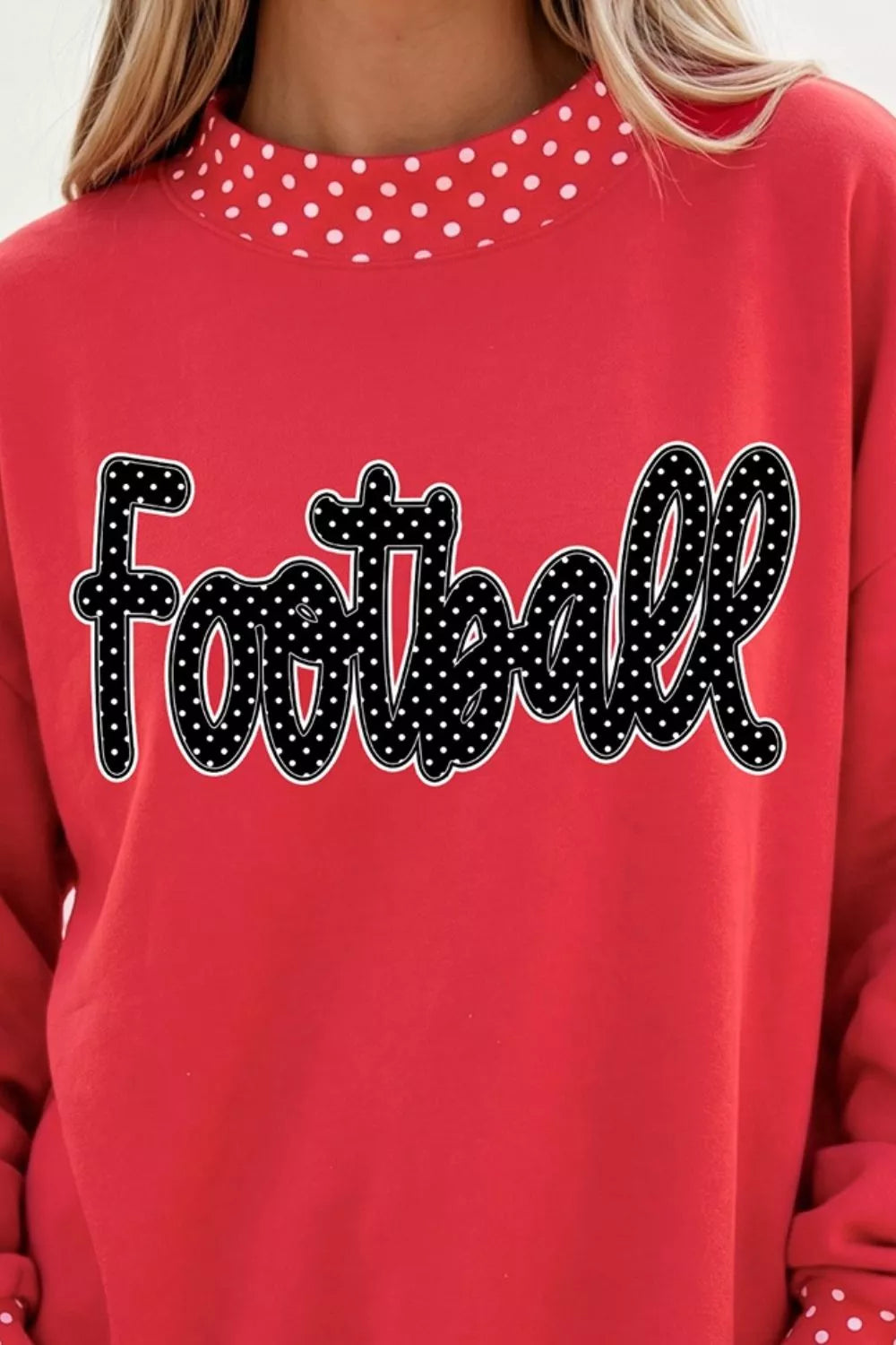Polka-Dot Trim Football Graphic Sweatshirt in Deep Red