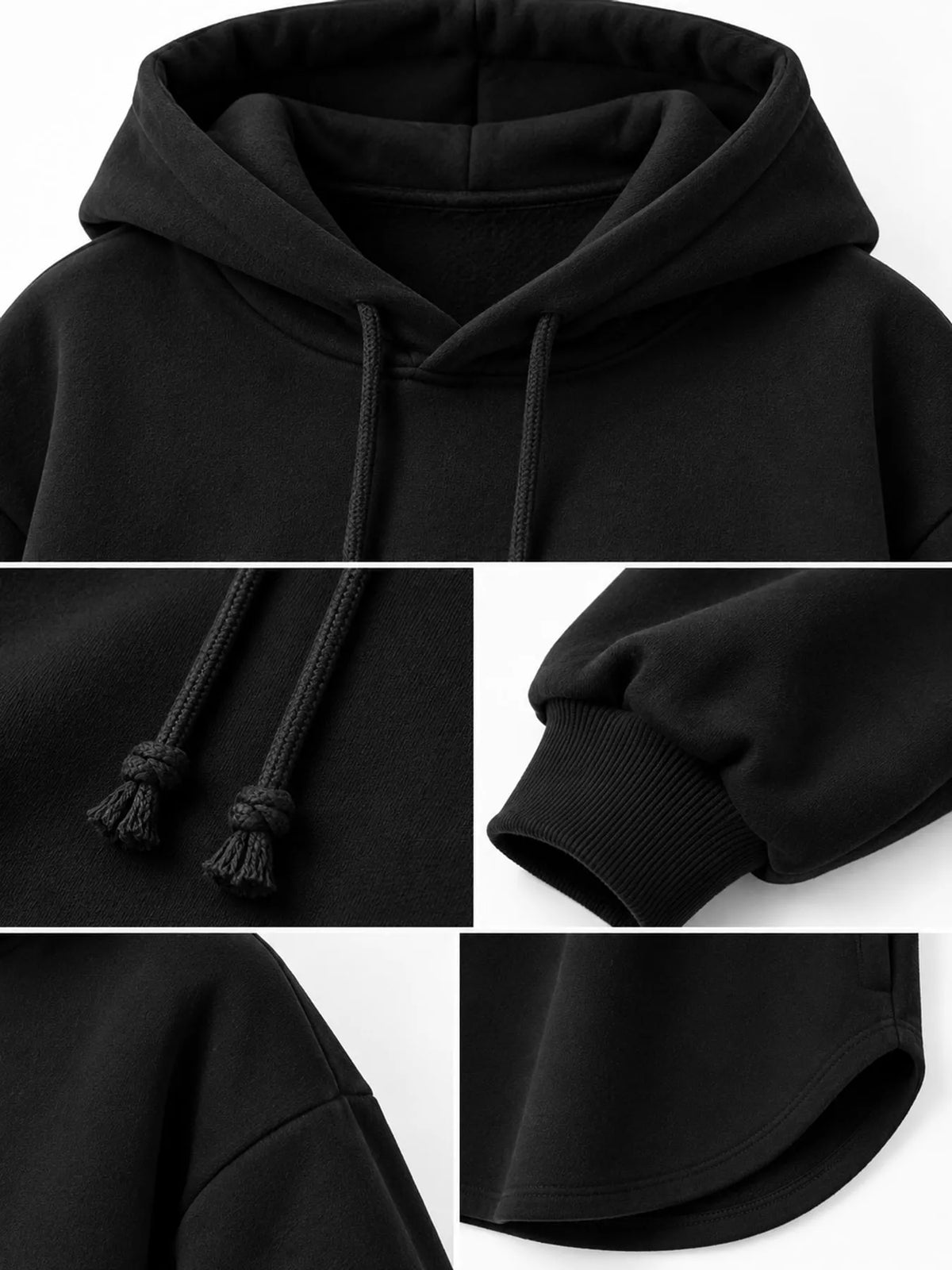 Black drawstring hoodie, hood, cuff, and curved hem