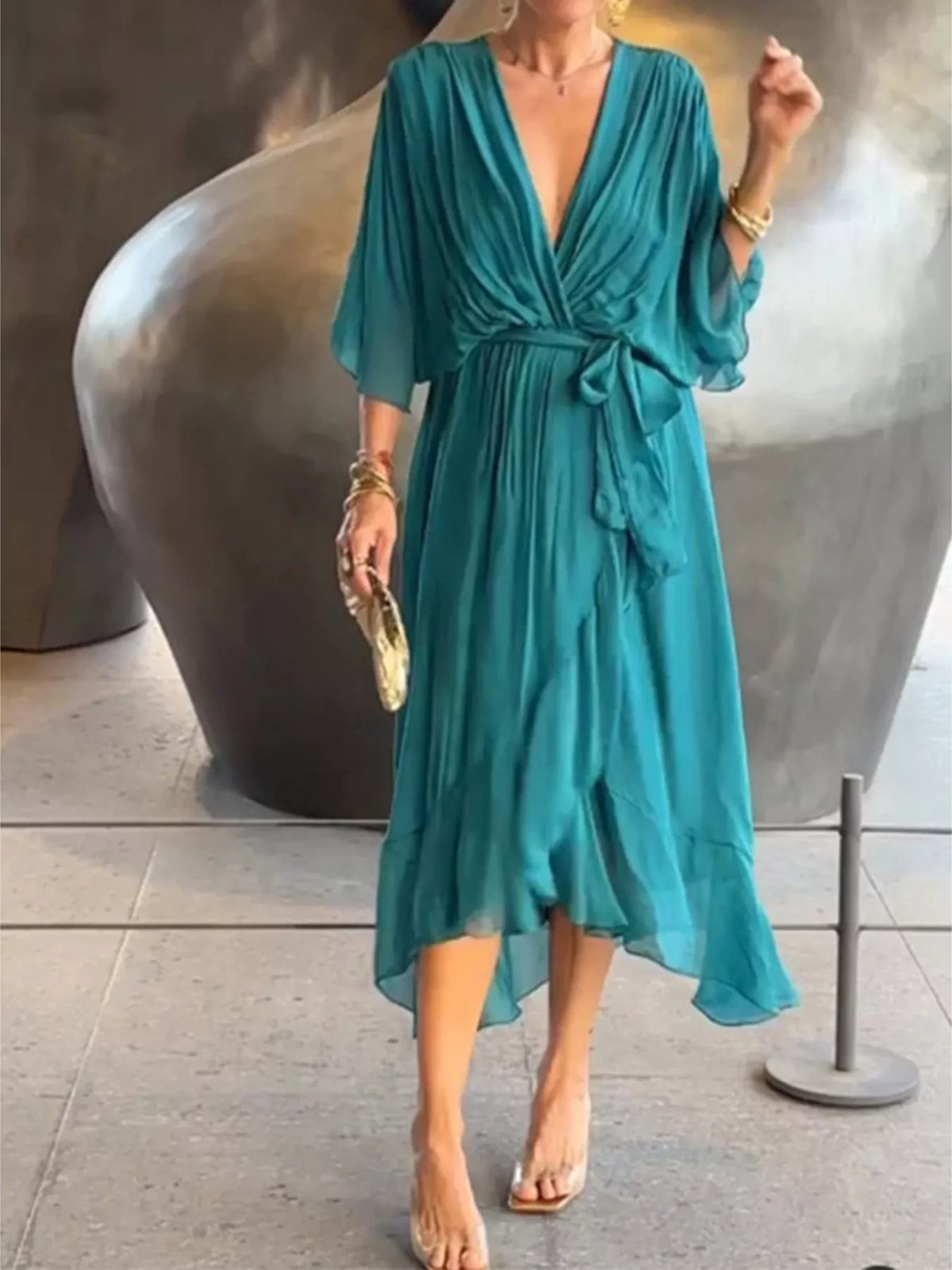 Trendsi Full Size Chiffon Wrap Dress with Flutter Sleeves Plus Size -