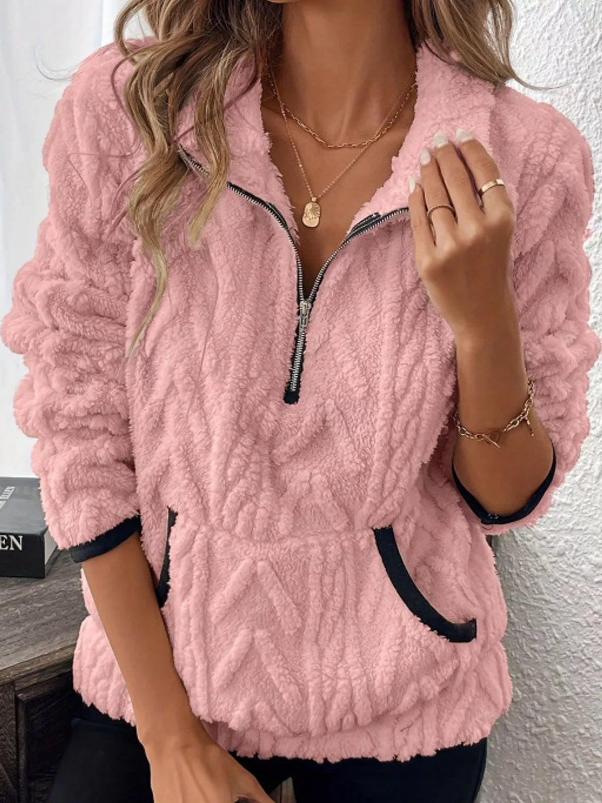 Women's Quarter-Zip Sherpa Sweatshirt in pink — front view