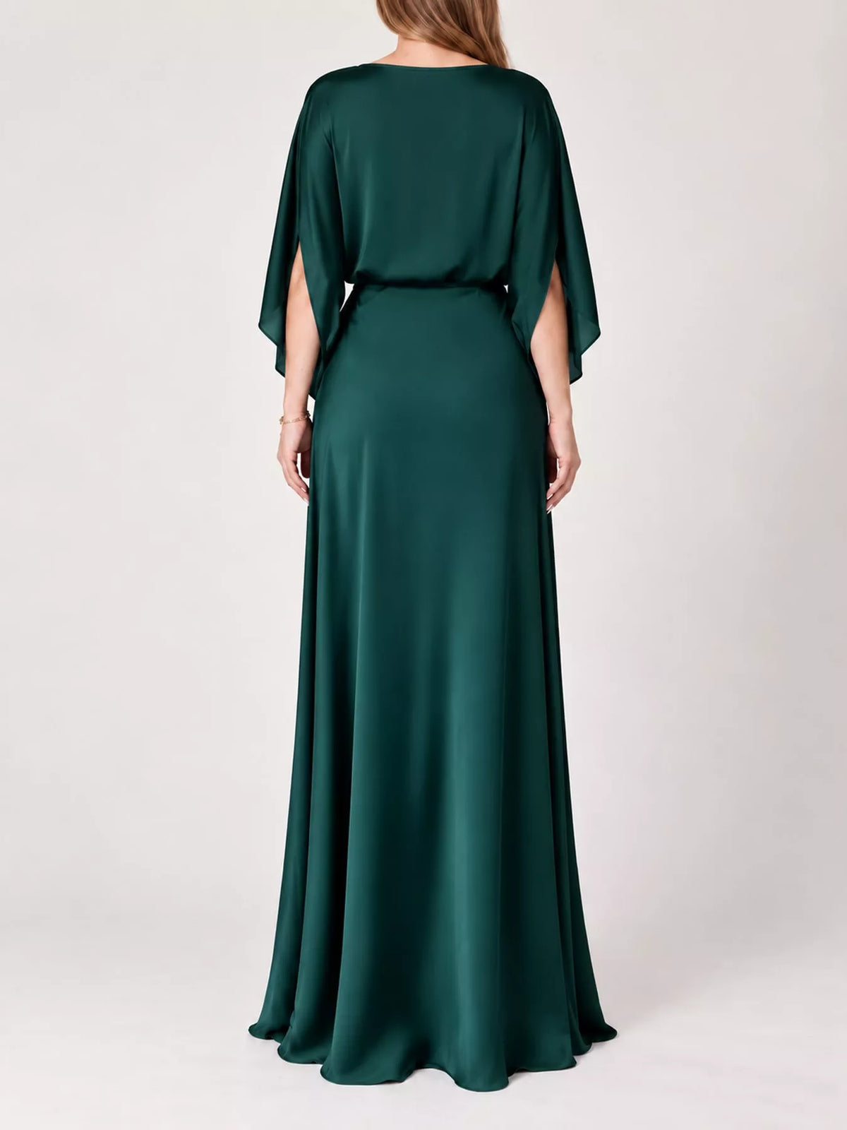 Green satin cape sleeve maxi dress, back view