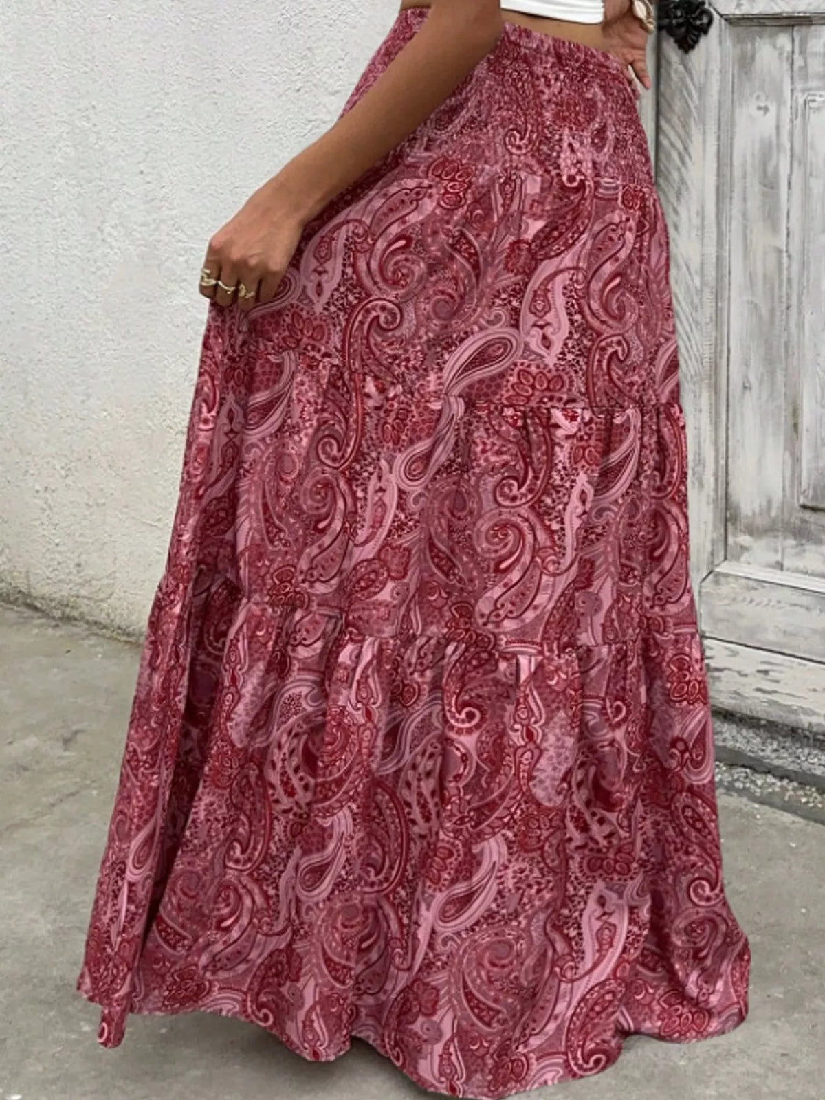 Women's Paisley Print Tiered Maxi Skirt in burgundy — side view