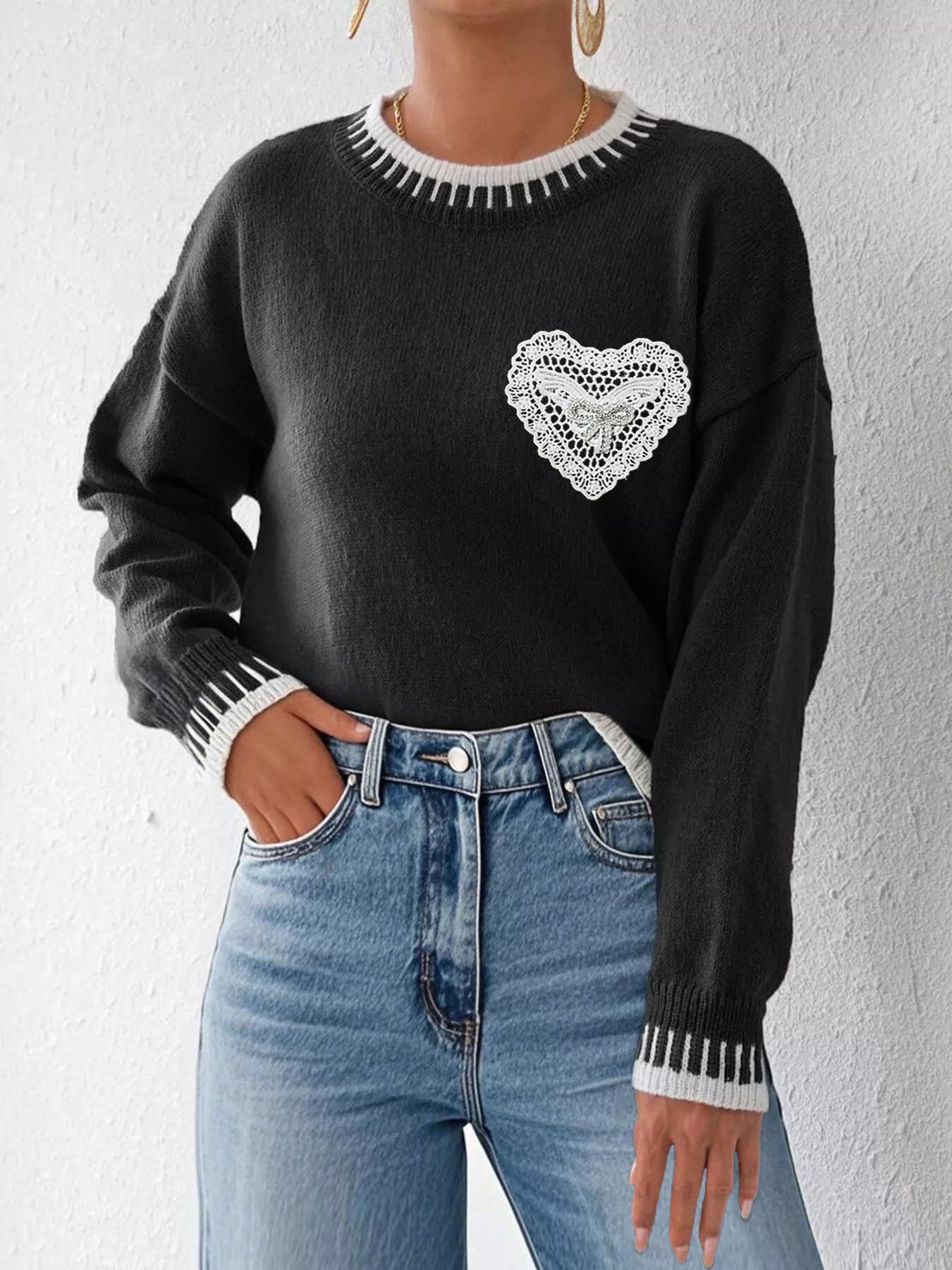 Trendsi Lace Heart Contrast Trim Sweater -