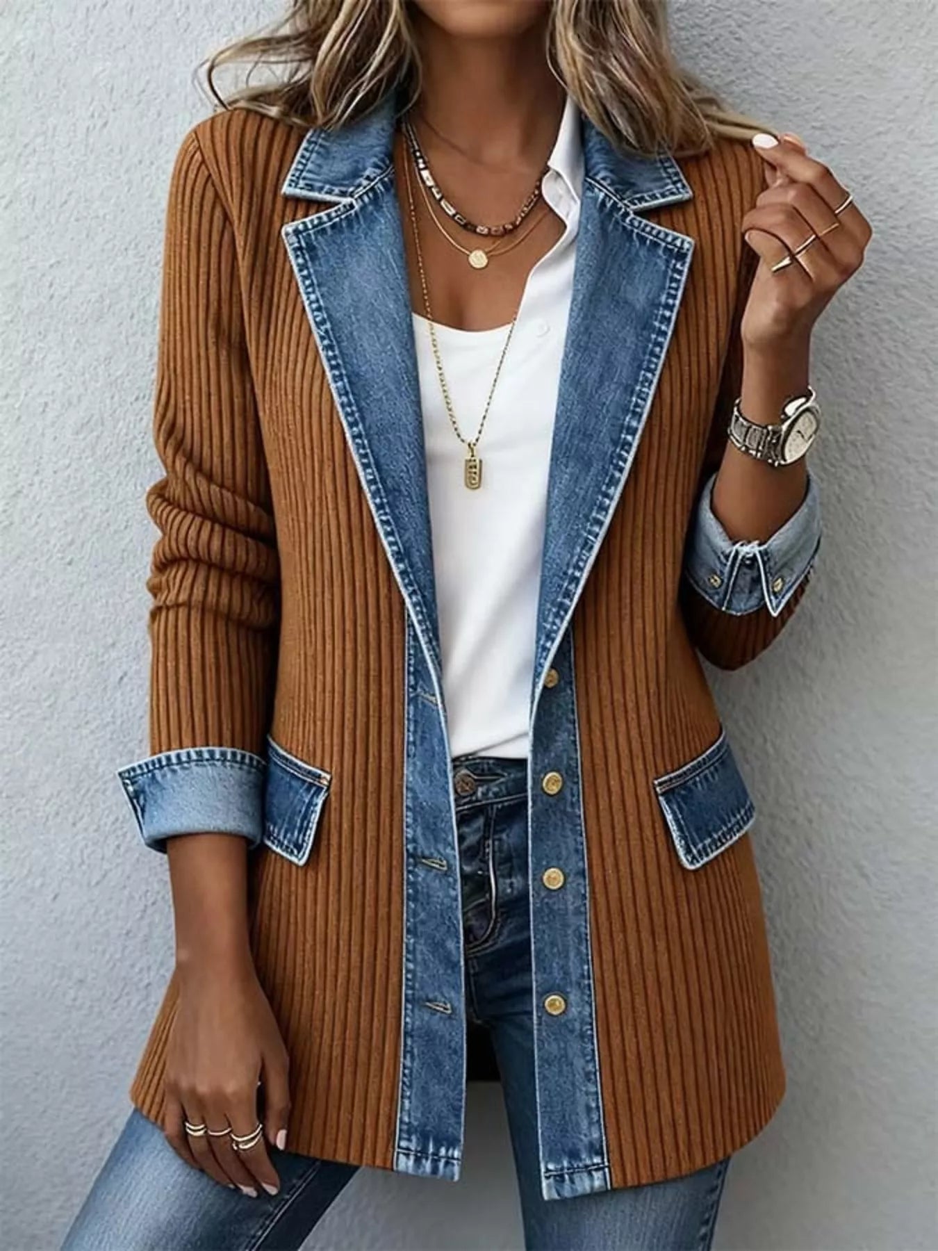 Trendsi Full Size Denim Trim Ribbed Knit Jacket Plus Size -