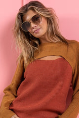 Trendsi BiBi Color Block Sweater Knit Top With Cut Out Neck -