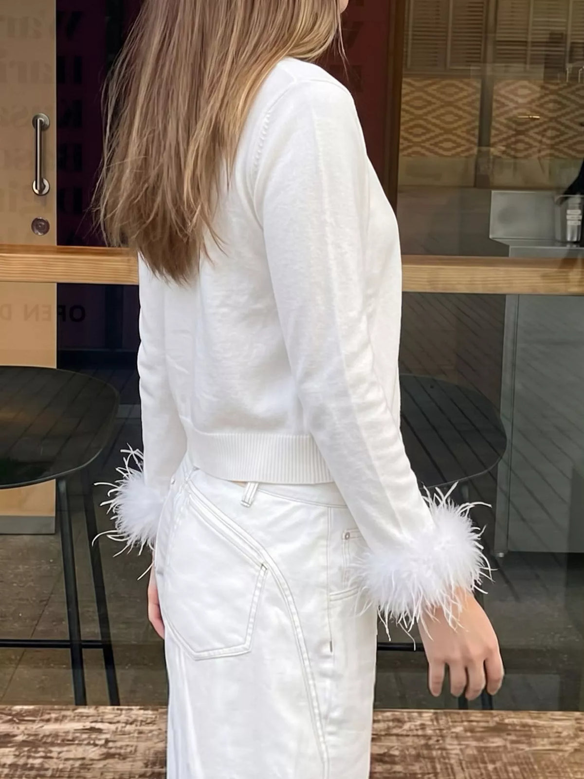 Fuzzy Cuffs Button Up Cardigan in white, back view
