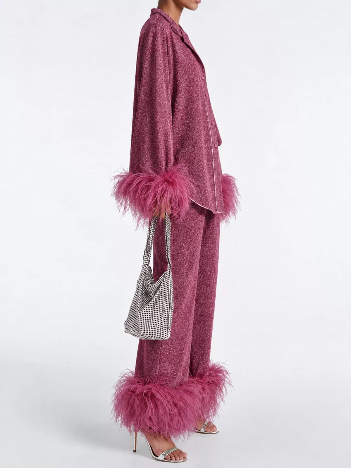 Burgundy feather-trimmed top and wide-leg pants set — side view
