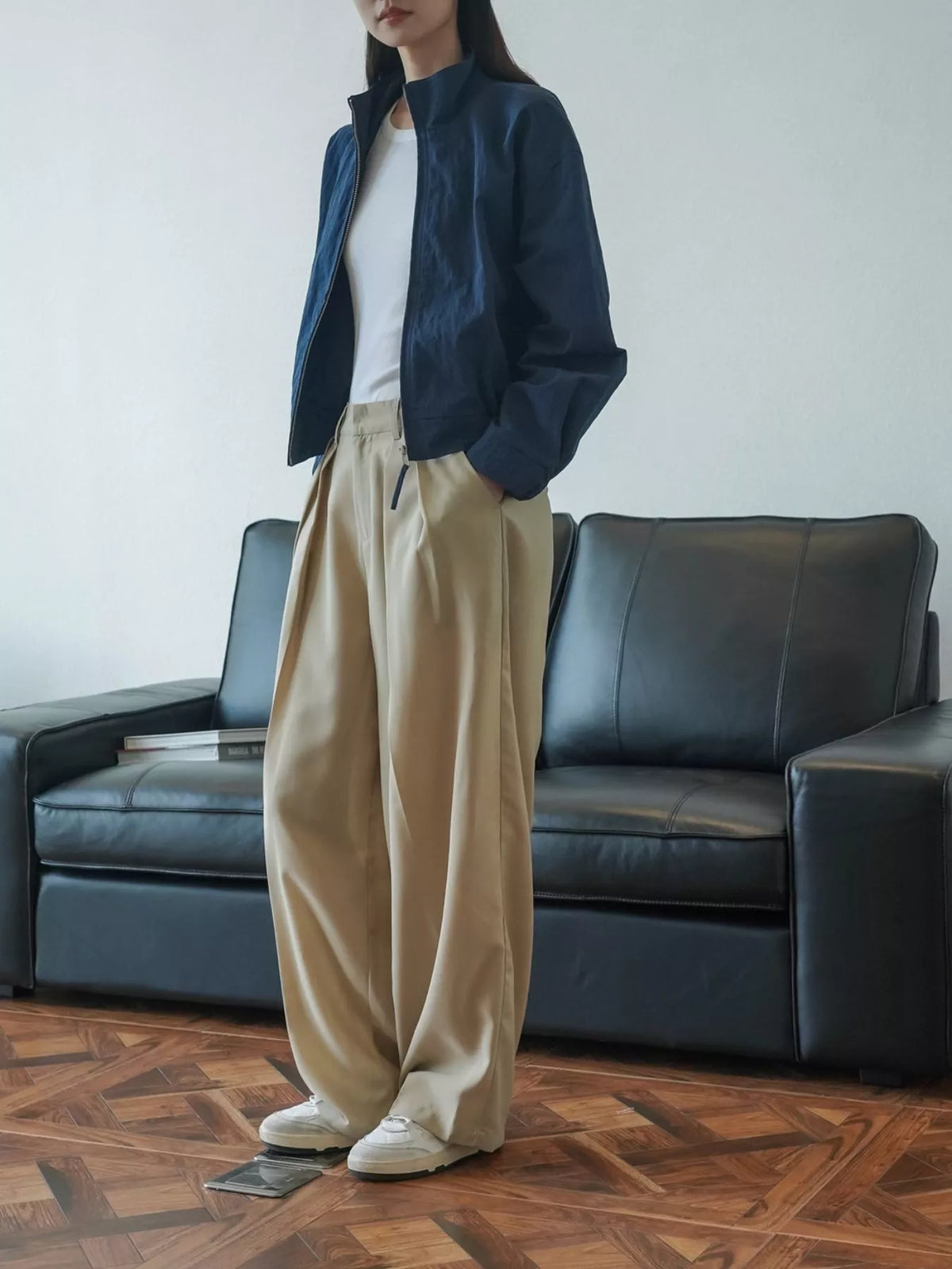 Women's High-Waisted Pleated Wide-Leg Pants in beige — front view