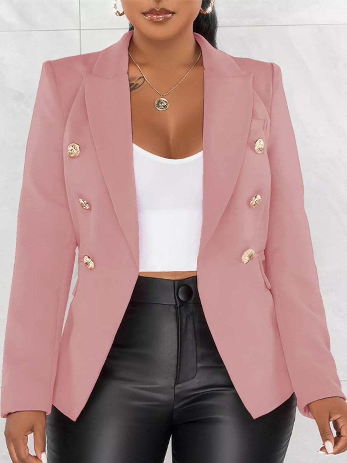 Collared long sleeve blazer, front view on model