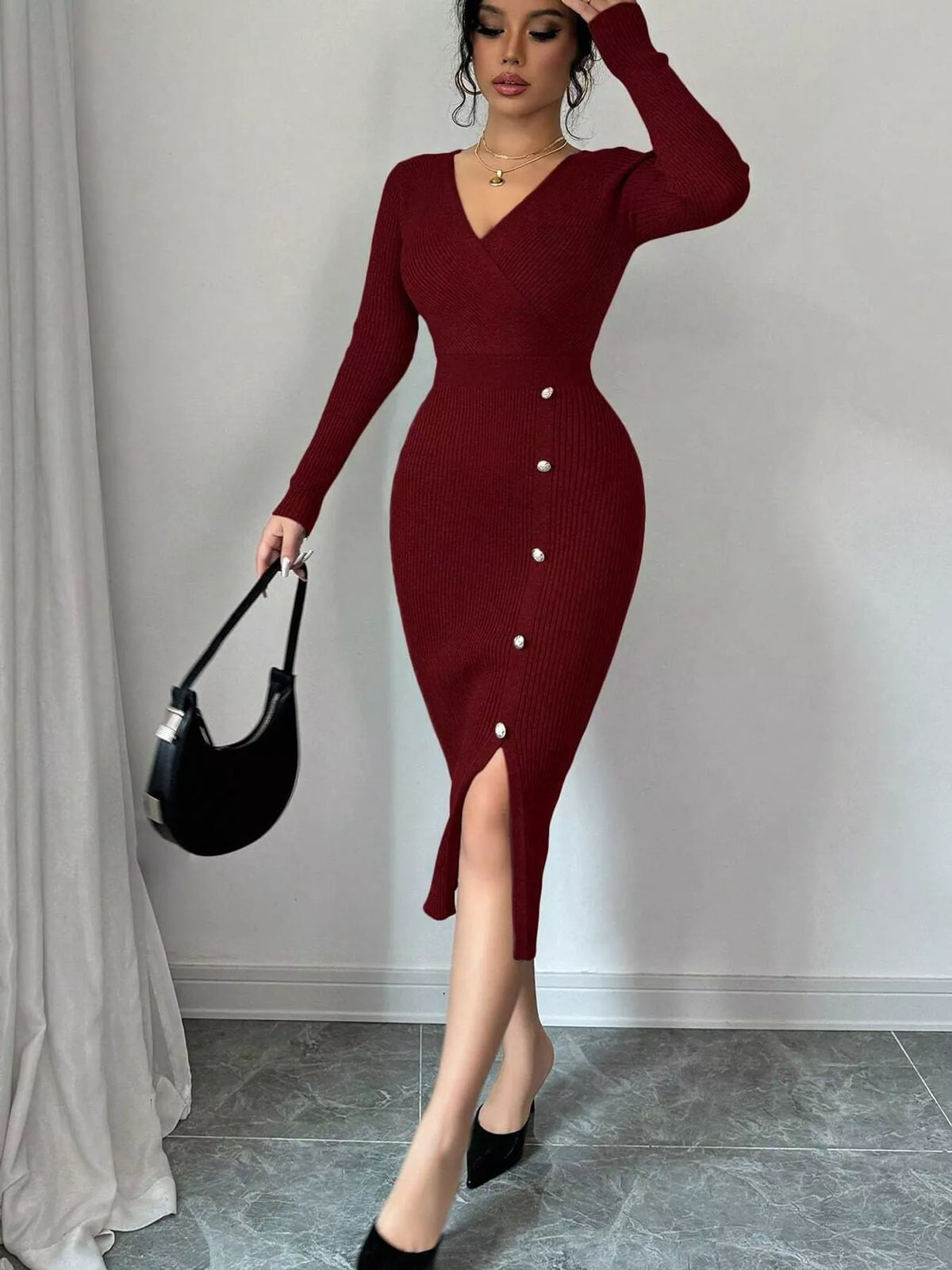 Burgundy decorative button ribbed knit sweater dress, front view
