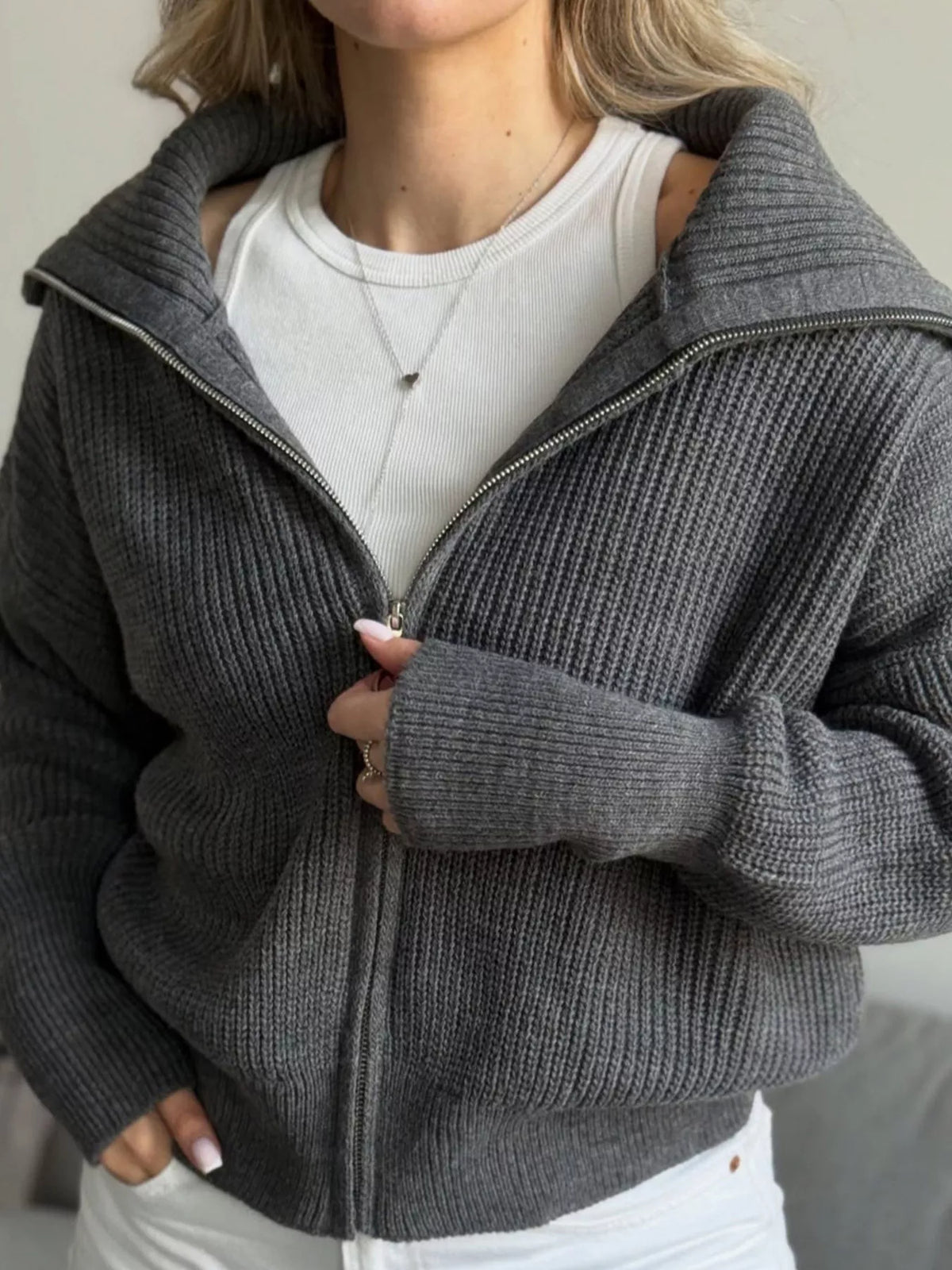Trendsi Zip Up Dropped Shoulder Cardigan -