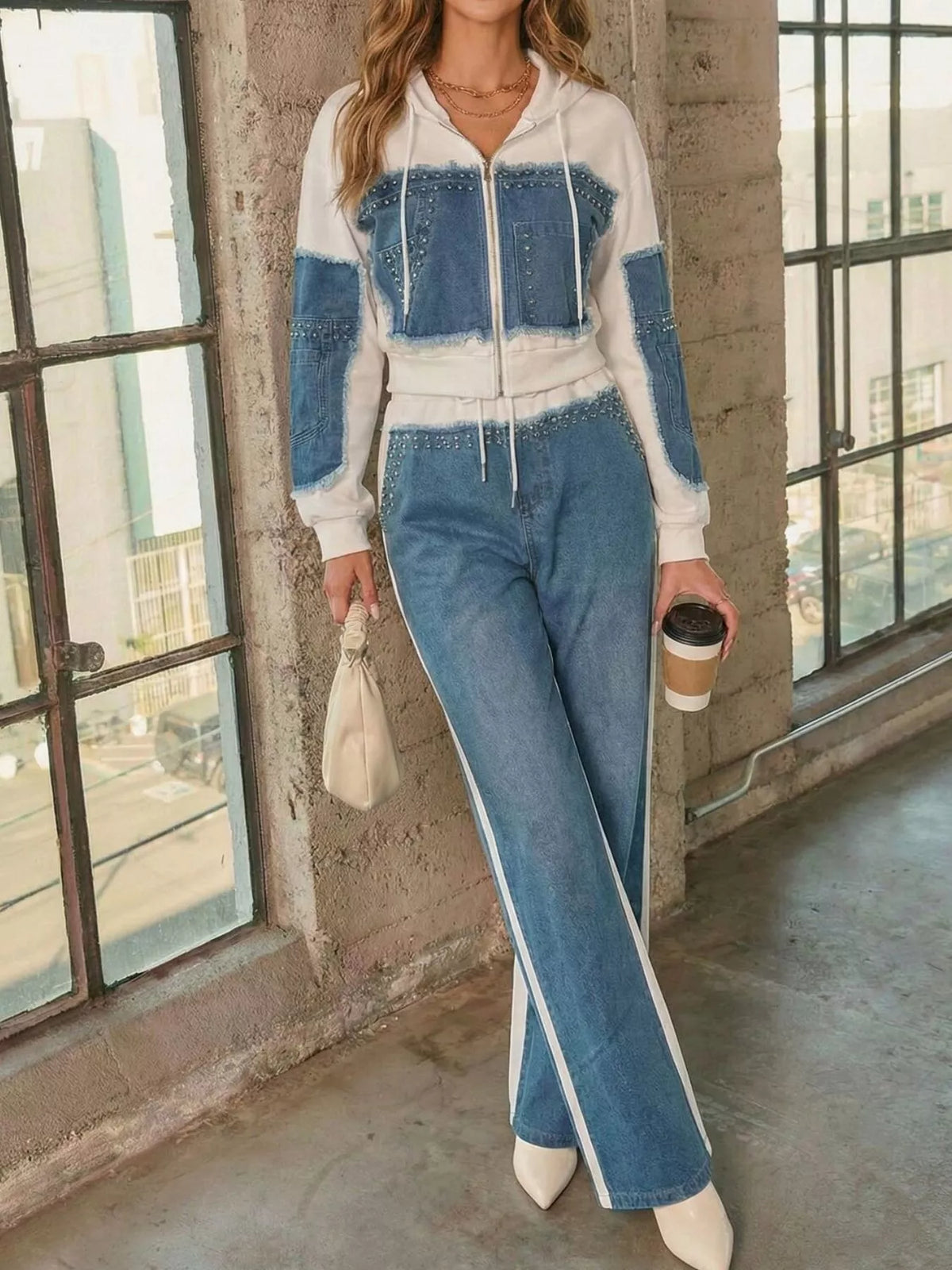 Studded denim patchwork hoodie and joggers set