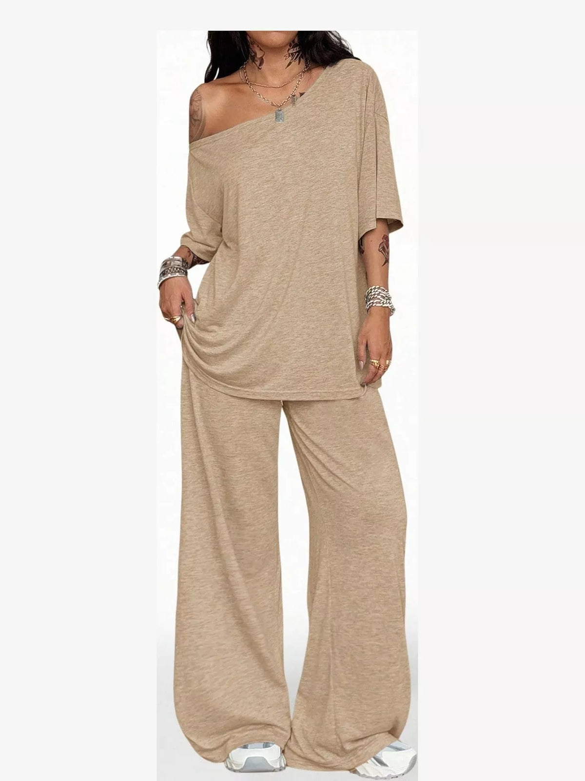 Tan boat neck top and wide-leg pants set — front view