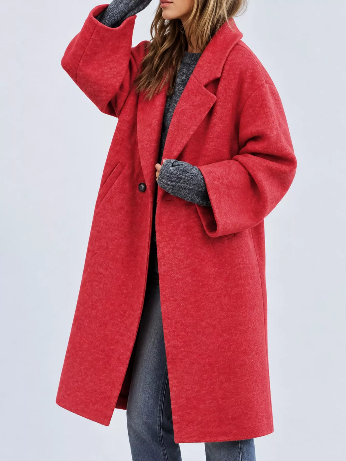Red lapel collar one button coat