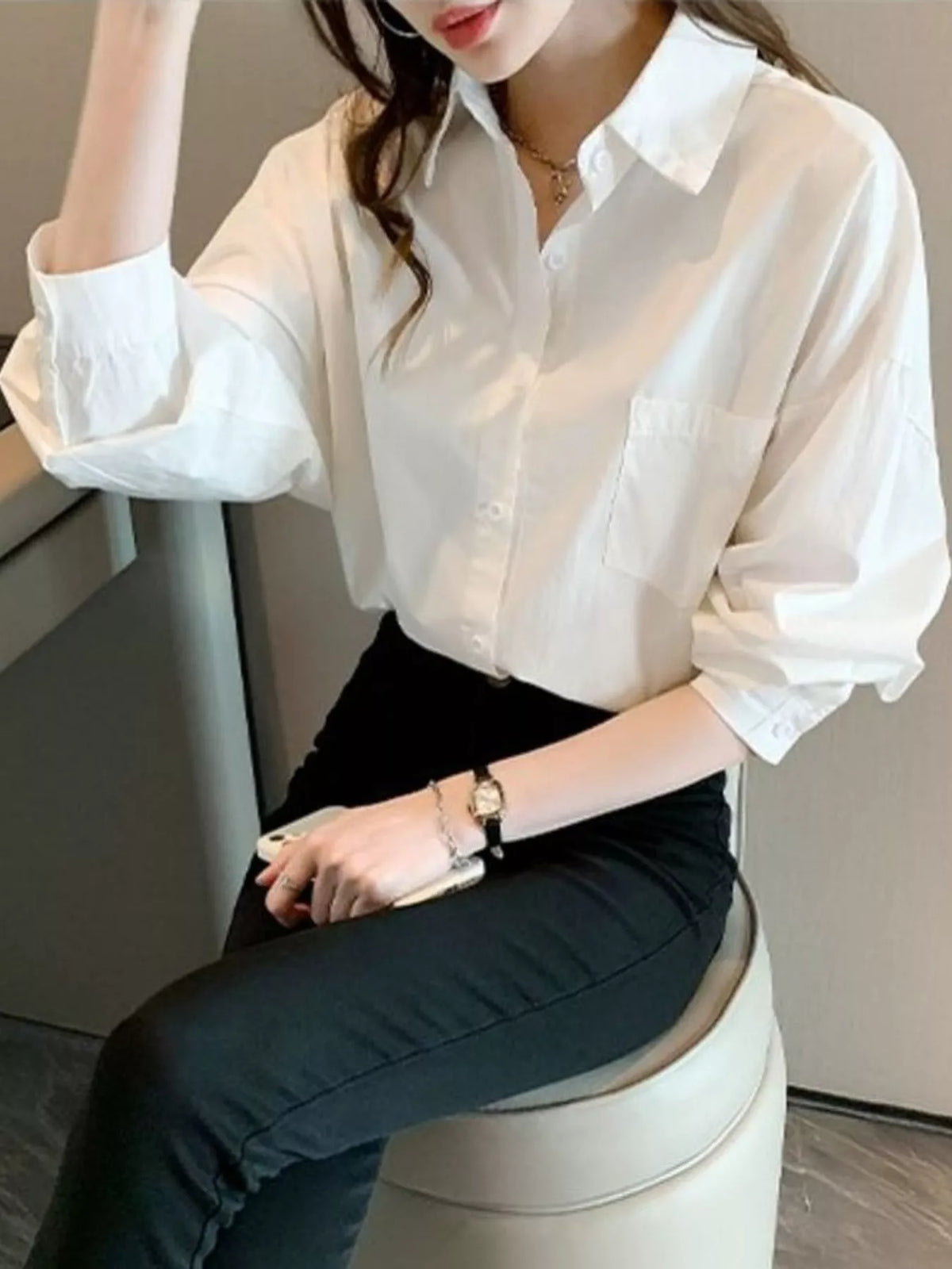 White - With Pocket button-down long sleeve shirt