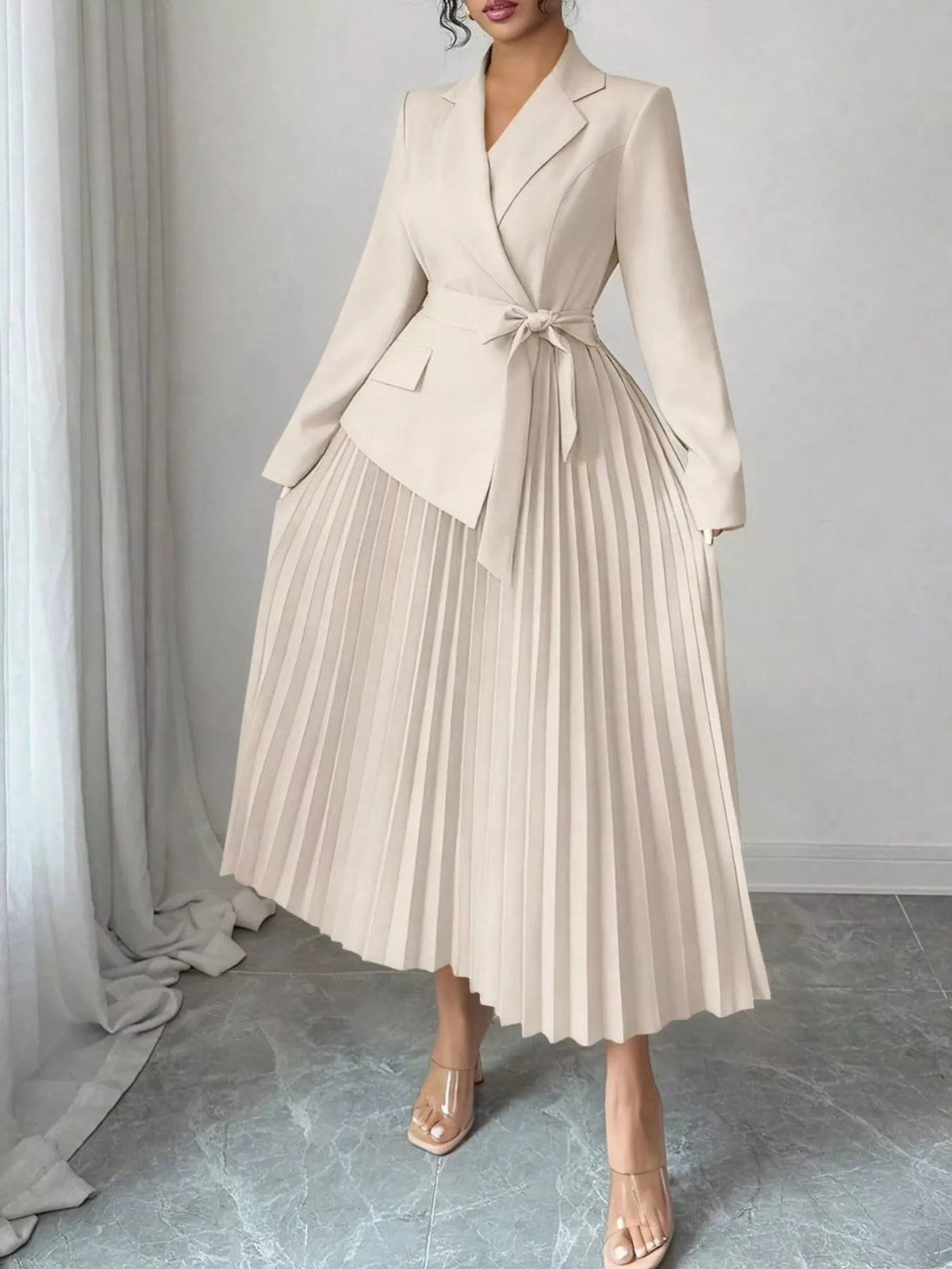 Beige belted blazer-style pleated midi dress