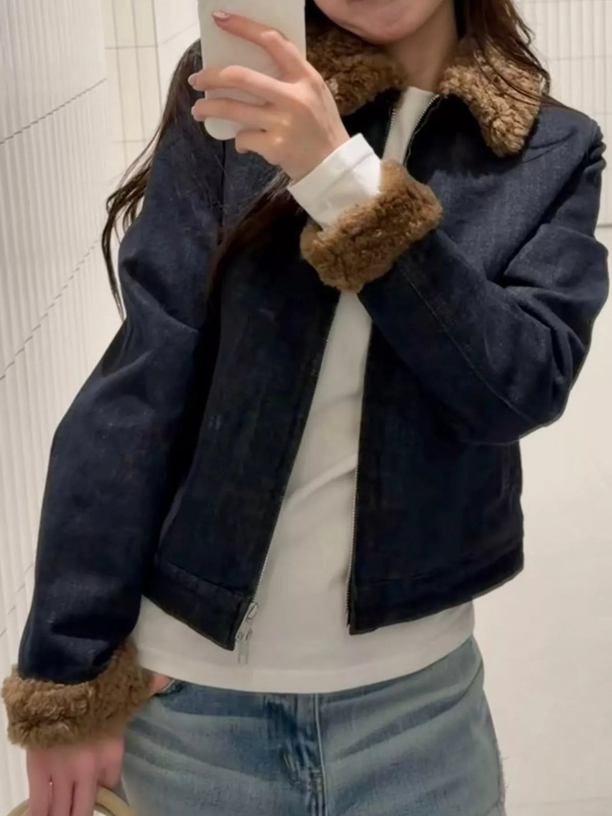Sherpa Collar Zip-Up Denim Jacket — front view