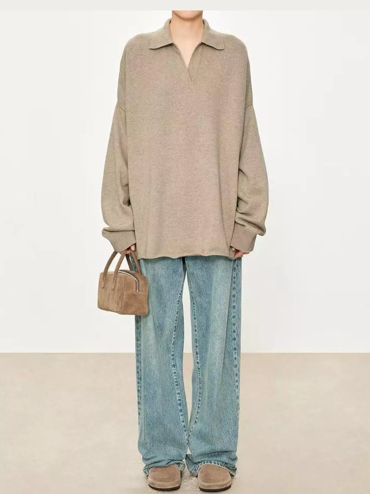 Oatmeal dropped shoulder polo collar sweater