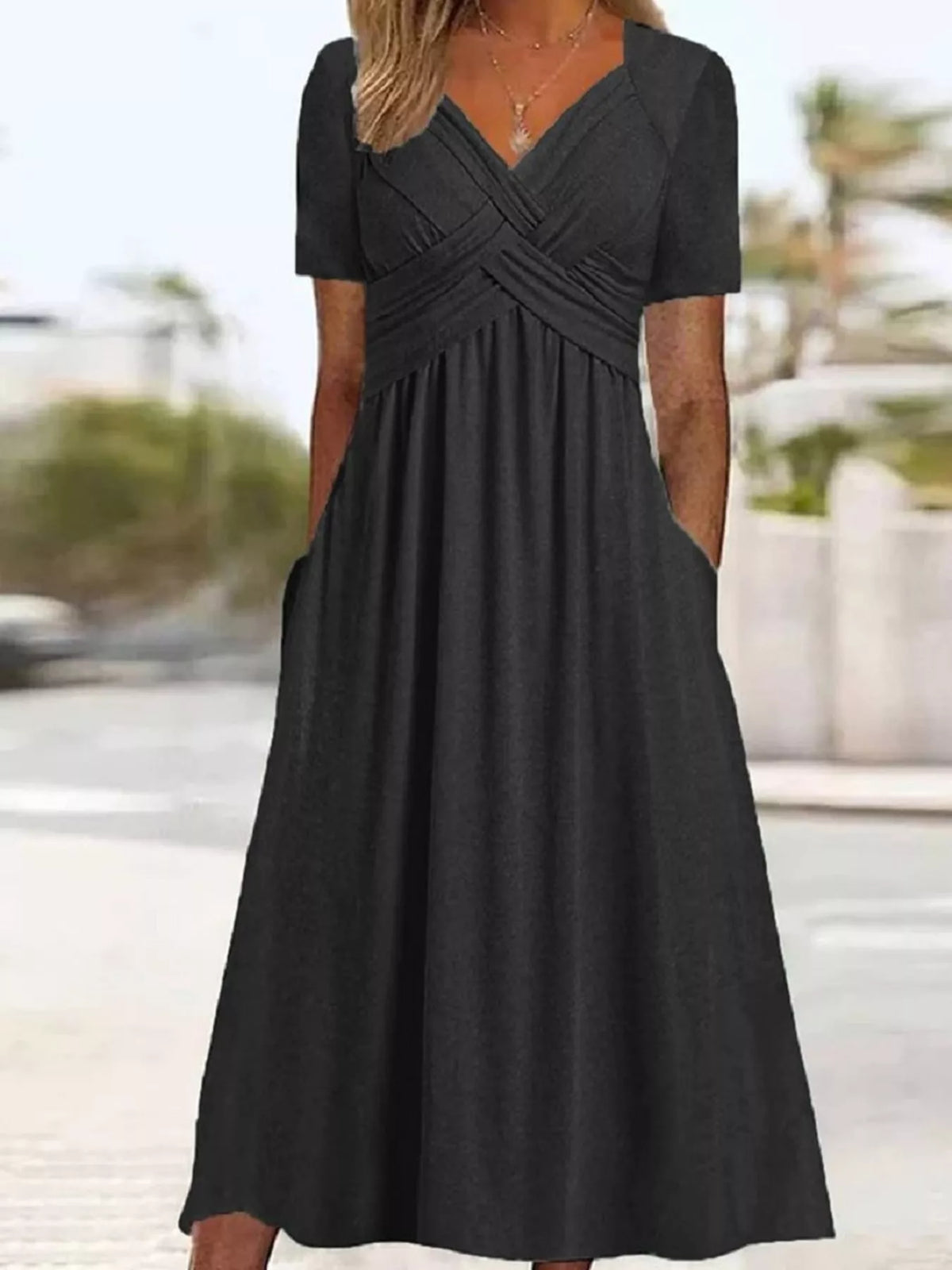 Black crisscross short sleeve midi dress, front view