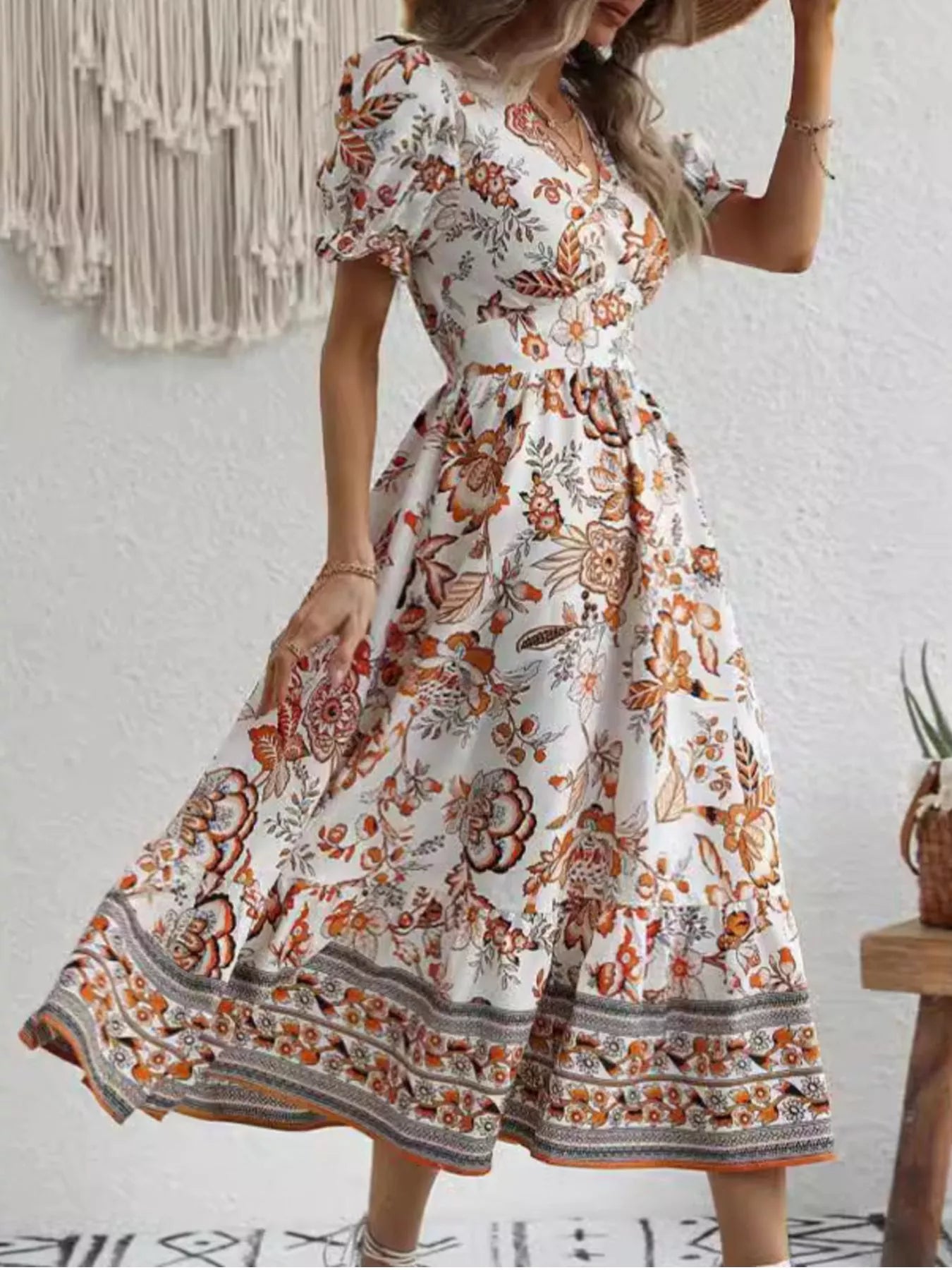 Trendsi Floral Print Puff Sleeve Wrap Midi Dress -