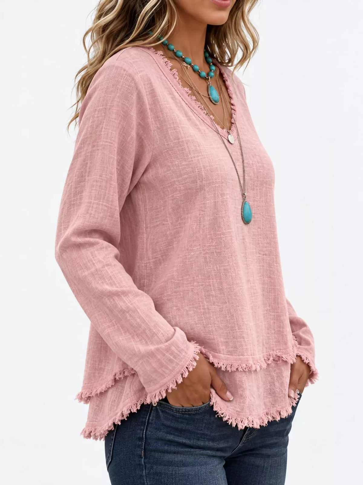 Frayed-hem blouse, pink angled front