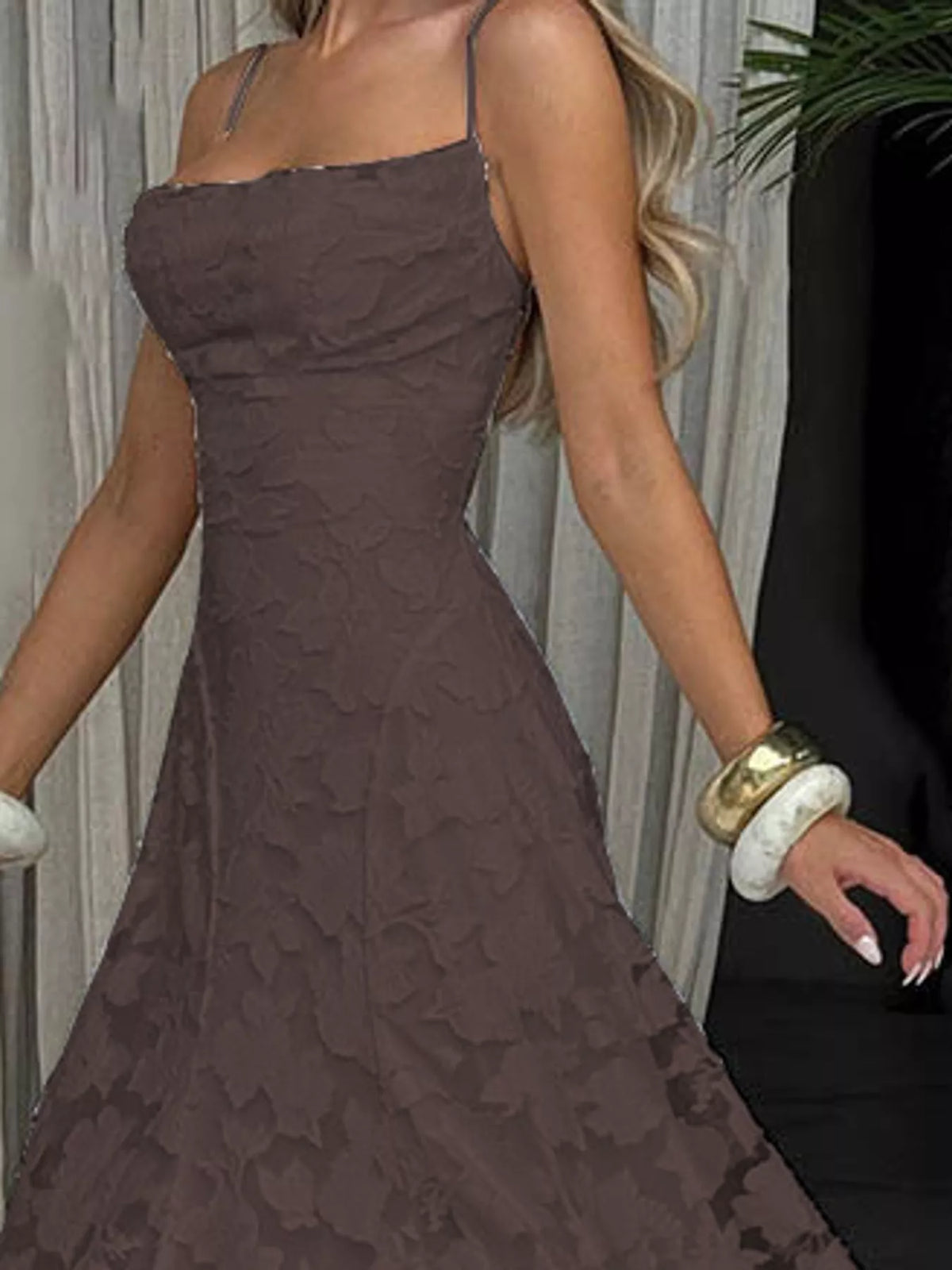 Brown backless lace maxi dress, side view